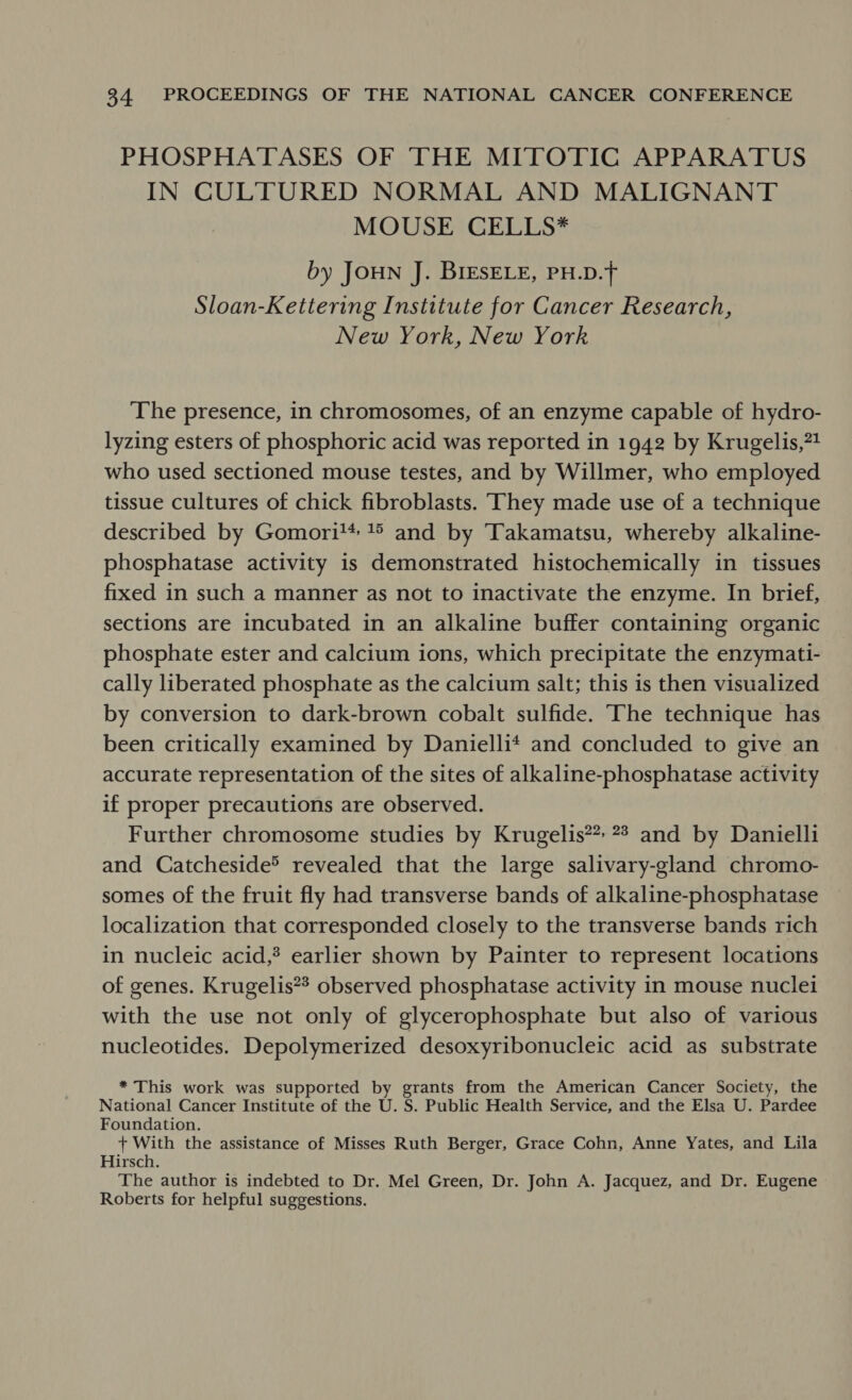 PHOSPHATASES OF THE MITOTIC APPARATUS IN CULTURED NORMAL AND MALIGNANT MOUSE CELLS* by JOHN J. BIESELE, PH.D. Sloan-Kettering Institute for Cancer Research, New York, New York The presence, in chromosomes, of an enzyme capable of hydro- lyzing esters of phosphoric acid was reported in 1942 by Krugelis,”% who used sectioned mouse testes, and by Willmer, who employed tissue cultures of chick fibroblasts. ‘They made use of a technique described by Gomori!* and by Takamatsu, whereby alkaline- phosphatase activity is demonstrated histochemically in tissues fixed in such a manner as not to inactivate the enzyme. In brief, sections are incubated in an alkaline buffer containing organic phosphate ester and calcium ions, which precipitate the enzymati- cally liberated phosphate as the calcium salt; this is then visualized by conversion to dark-brown cobalt sulfide. The technique has been critically examined by Danielli* and concluded to give an accurate representation of the sites of alkaline-phosphatase activity if proper precautions are observed. Further chromosome studies by Krugelis”: 7? and by Danielli and Catcheside® revealed that the large salivary-gland chromo- somes of the fruit fly had transverse bands of alkaline-phosphatase localization that corresponded closely to the transverse bands rich in nucleic acid,? earlier shown by Painter to represent locations of genes. Krugelis”* observed phosphatase activity in mouse nuclei with the use not only of glycerophosphate but also of various nucleotides. Depolymerized desoxyribonucleic acid as substrate * This work was supported by grants from the American Cancer Society, the National Cancer Institute of the U. S. Public Health Service, and the Elsa U. Pardee Foundation. + With the assistance of Misses Ruth Berger, Grace Cohn, Anne Yates, and Lila Hirsch. The author is indebted to Dr. Mel Green, Dr. John A. Jacquez, and Dr. Eugene Roberts for helpful suggestions.