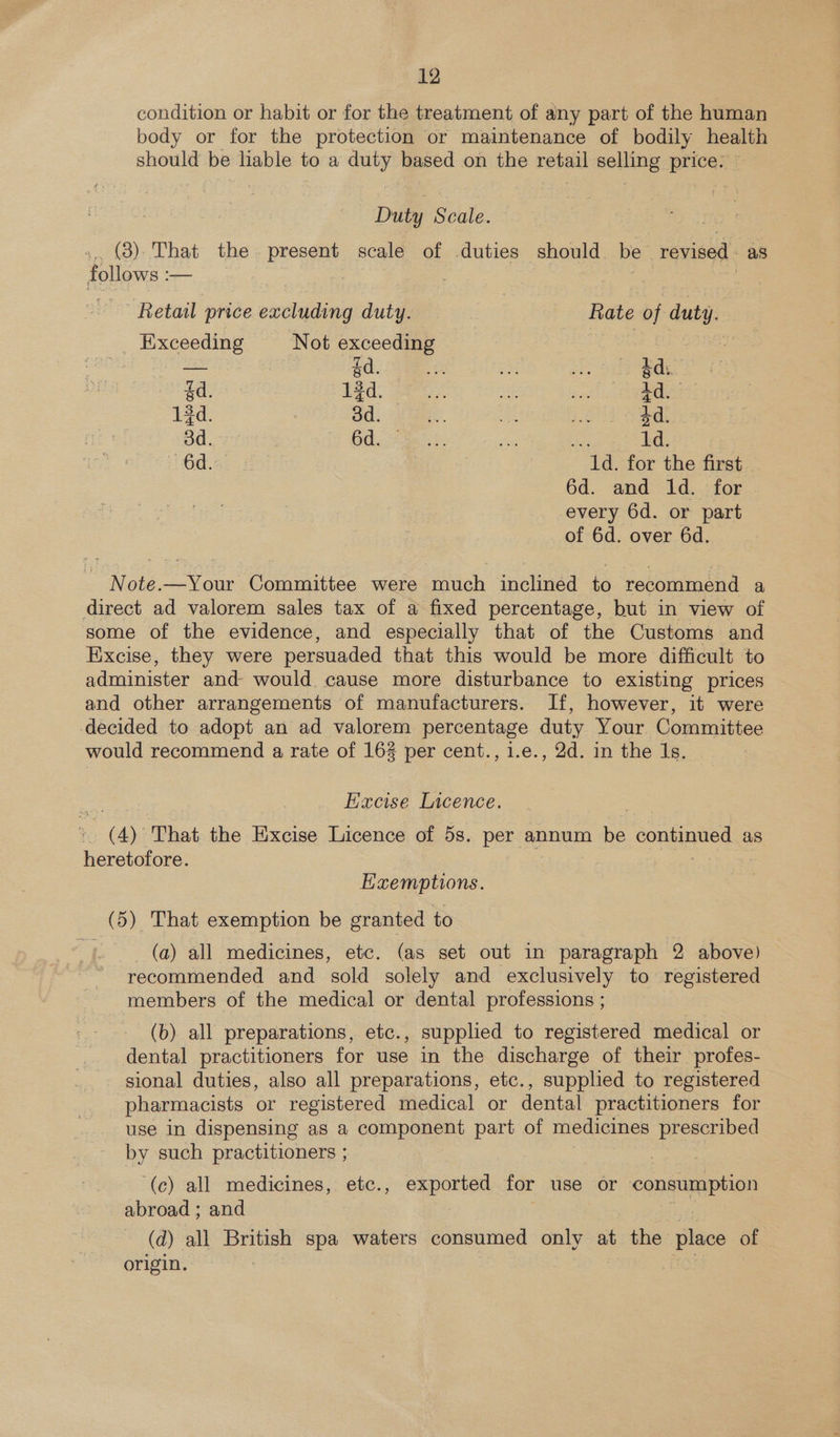 condition or habit or for the treatment of ainy part of the human body or for the protection or maintenance of bodily health should be liable to a oy based on the retail selling price. Duty Scale. (3): That the. present scale of duties should be revised. as follows : — i | Retail price excluding duty. Rate bj duty. Exceeding Not exceeding ase aN = ad. 4d gd 13d. id 13d 3d. 4d 3d. 6d. ogee ne 1d. Gd. ai hee for the first. 6d. and 1d. for every 6d. or part of 6d. over 6d. Note.—Your Committee were much inclined to recommend a direct ad valorem sales tax of a fixed percentage, but in view of some of the evidence, and especially that of the Customs: and Excise, they were persuaded that this would be more difficult to administer and would cause more disturbance to existing prices and other arrangements of manufacturers. If, however, it were decided to adopt an ad valorem percentage duty Your Committee would recommend a rate of 16% per cent., 1.e., 2d. in the Is. Excise Licence. (A) That the Excise Licence of 5s. per annum be continued as heretofore. Exemptions. = 5) That exemption be granted to _ (a) all medicines, etc. (as set out in paragraph 2 above) recommended and sold solely and exclusively to registered members of the medical or dental professions ; (b) all preparations, etc., supplied to registered medical or dental practitioners for use in the discharge of their profes- sional duties, also all preparations, etc., supplied to registered pharmacists or registered medical or dental practitioners for use in dispensing as a component part of medicines prescribed by such practitioners ; ‘(c) all medicines, etc., exported for use or consumption abroad ; and (d) all British spa waters consumed only at the place of origin.