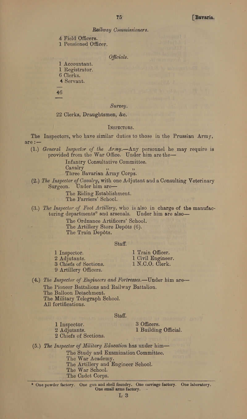 Railway Commissioners. 4 Field Officers. 1 Pensioned Officer. Officials. 1 Accountant. 1 Registrator. 6 Clerks. 4 Servant. 46 Survey. 22 Clerks, Draughtsmen, &amp;c. INSPECTORS. The Inspectors, who have similar duties to those in the Prussian Army, are :— (1.) General Inspector of the Army.—Any personnel he may require is provided from the War Office. Under him are the— Infantry Consultative Committee. Cavalry 9 ” Three Bavarian Army Corps. (2.) The Inspector of Cavalry, with one Adjutant and a Consulting Veterinary Surgeon. Under him are— The Riding Establishment. The Farriers’ Schocl. (3.) Lhe Inspector of Foot Artillery, who is also in charge of the manufac- turing departments* and arsenals. Under him are also— The Ordnance Artificers’ School. The Artillery Store Depdts (6). The Train Depéts. Staff. 1 Inspector. 1 Train Officer, 2 Adjutants. 1 Civil Engineer. 3 Chiefs of Sections. 1 N.C.O. Clerk. 9 Artillery Officers. (4.) The Inspector of Engineers and Fortresses.—Under him are— The Pioneer Battalions and Railway Battalion. The Balloon Detachment. The Military Telegraph School. All fortifications. | Staff. 1 Inspector. 3 Officers. 2 Adjutants. 1 Building Official. 2 Chiefs of Sections. (5.) The Inspector of Military Hducation has under him— The Study and Examination Committee. The War Academy. The Artillery and Engineer School. The War School. The Cadet Corps. _ * One powder factory. One gun and shell foundry. One carriage factory. One laboratory. One small arms factory. - : L 3