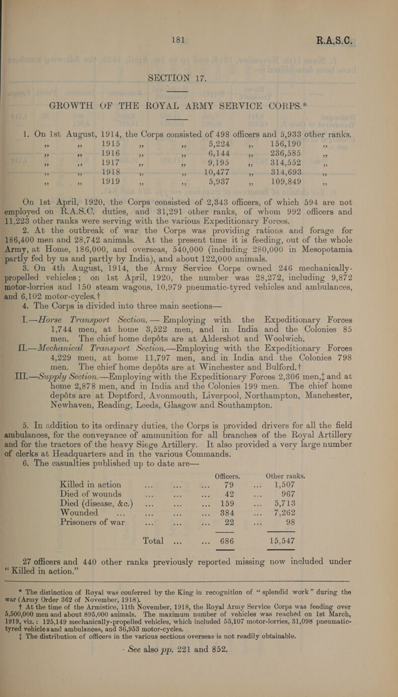 SECTION 17. —_———_ GROWTH OF THE ROYAL ARMY SERVICE CORPS.* 1. On Ist August, 1914, the Corps consisted of 498 officers and 5,933 other ranks. ” 9 1915 9” 99 5,224 » 156,190 ” ” % 1916 ¥9 % 6,144 » 236,585 9 ‘i GE) 191 ee E 9.195 i049 314,552 ; a SE ESN ieee oe ne Wh By e7 nn hn mv A EO ys 99 99 1919 : 1 5,937 9 109,849 &gt; On ist April, 1920, the Corps consisted of 2,343 officers, of which 594 are not employed on R.A.8.C. duties, and 31,291 other ranks, of whom 992 officers and 11,223 other ranks were serving with the various Expeditionary Forces. 2. At the outbreak of war the Corps was providing rations and forage for 186,400 men and 28,742 animals. At the present time it is feeding, out of the whole Army, at Home, 186,000, and overseas, 540,000 (including 280,000 in Mesopotamia partly fed by us and partly by India), and about 122,000 animals. 3. On 4th August, 1914, the Army Service Corps owned 246 mechanically- propelled vehicles; on ist April, 1920, the number was 28,272, including 9,872 motor-lorries and 150 steam wagons, 10,979 pneumatic-tyred vehicles and ambulances, and 6,102 motor-cycles. t 4, The Corps is divided into three main sections— L—Horse Transport Section. — Employing with the Expeditionary Forces 1,744 men, at home 3,522 men, and in India and the Colonies 85 men, ‘The chief home depdts are at Aldershot and Woolwich. {l—Mechanical Transport Section.—Employing with the Expeditionary Forces 4,229 men, at home 11,797 men, and in India and the Colonies 798 men. ‘The chief home depdts are at Winchester and Bulford.t IL.—Supply Section.—Employing with the Expeditionary Forces 2,306 men,| and at home 2,878 men, and in India and the Colonies 199 men. The chief home depéts are at Deptford, Avonmouth, Liverpool, Northampton, Manchester, Newhaven, Reading, Leeds, Glasgow and Southampton. 5. In addition to its ordinary duties, the Corps is provided drivers for all the field ambulances, for the conveyance of ammunition for all branches of the Royal Artillery and for the tractors of the heavy Siege Artillery. It also provided a very large number of clerks at Headquarters and in the various Commands. 6. The casualties published up to date are—  Officers. Other ranks. Killed in action ve Si Pa FS ae) ol OG Died of wounds ef mes a 42 cay 967 Died (disease, &amp;c.) ... aan Ge. Pee Ge Wounded ste a ee Ay mute t Seidl Aa po Prisoners of war ee ide ee 28 as 98 AiG AR eS ae 686 15,547   27 officers and 440 other ranks previously reported missing now included under * Killed in action.”  * The distinction of Royal was conferred by the King in recognition of “ splendid work” during the war (Army Order 362 of November, 1918), { At the time of the Armistice, 11th November, 1918, the Royal Army Service Corps was feeding over 5,500,000 men and about 895,000 animals. The maximum number of vehicles was reached on 1st March, 1919, viz,: 125,149 mechanically-propelled vehicles, which included 53,107 motor-lorries, 31,098 pneumatic- tyred vehiclesand ambulances, and 36,953 motor-cycles. { The distribution of officers in the various sections overseas is not readily obtainable. - See also pp. 221 and 852.