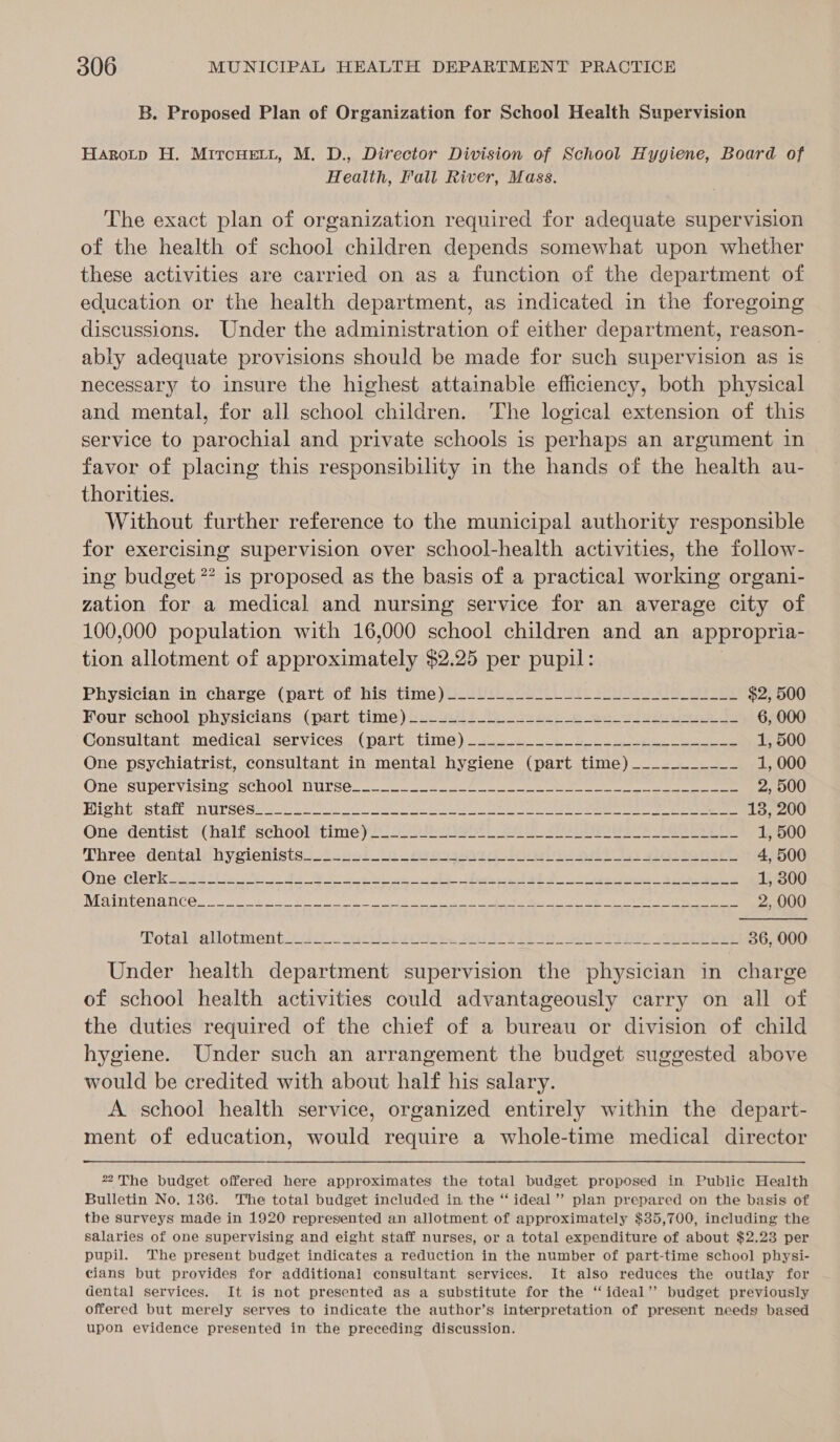 B. Proposed Plan of Organization for School Health Supervision HaroLtp H. MitcHeLt, M. D., Director Division of School Hygiene, Board of Health, Fall River, Mass. The exact plan of organization required for adequate supervision of the health of school children depends somewhat upon whether these activities are carried on as a function of the department of education or the health department, as indicated in the foregoing discussions. Under the administration of either department, reason- ably adequate provisions should be made for such supervision as is necessary to insure the highest attainable efficiency, both physical and mental, for all school children. The logical extension of this service to parochial and private schools is perhaps an argument in favor of placing this responsibility in the hands of the health au- thorities. Without further reference to the municipal authority responsible for exercising supervision over school-health activities, the follow- ing budget 7? is proposed as the basis of a practical working organi- zation for a medical and nursing service for an average city of 100,000 population with 16,000 school children and an appropria- tion allotment of Aaynneaianile $2.25 per pupil: Physician in charge (part of his time) —~~-L._.--___~._- Le $2, 500 Kour. school: physicians» (parttime): lak f Soe eee ee eee 6, 000 Consultant. .medical services, (part-time) 2... oe be 1, 500 One psychiatrist, consultant in mental hygiene (part time)___-_______ 1, 000 One Supervising: sCiOOlAQUTSC oc come ee Oe ee eee ee 2, 500 HigntiStare nyse sis oon oe ee ee ee ee ee _-- 138, 200 One7dentistChalf school time yay oo) eet) ee Pee See 1, 500 Three -dentalihygienistss 2. $0132 pep are et ek aioe tenis 4, 500 One, clerk 233 Ue hae Se ke ER Oe eee A 1, 300 MG UEICOTI ATC nok Re Wie as oe a a er 2, 000 Potaksallotmenti2 a Pe ick, POs ROP eee ee 36, 000 Under health department supervision the physician in charge of school health activities could advantageously carry on all of the duties required of the chief of a bureau or division of child hygiene. Under such an arrangement the budget suggested above would be credited with about half his salary. A school health service, organized entirely within the depart- ment of education, would require a whole-time medical director 22The budget offered here approximates the total budget proposed in Public Health Bulletin No. 186. The total budget included in the “ ideal’ plan prepared on the basis of the surveys made in 1920 represented an allotment of approximately $35,700, including the salaries of one supervising and eight staff nurses, or a total expenditure of about $2.23 per pupil. The present budget indicates a reduction in the number of part-time school physi- cians but provides for additional consultant services. It also reduces the outlay for dental services. It is not presented as a SBPrHitute for the “‘ideal’”’ budget previously offered but merely serves to indicate the author’s interpretation of present needs based upon evidence presented in the preceding discussion.