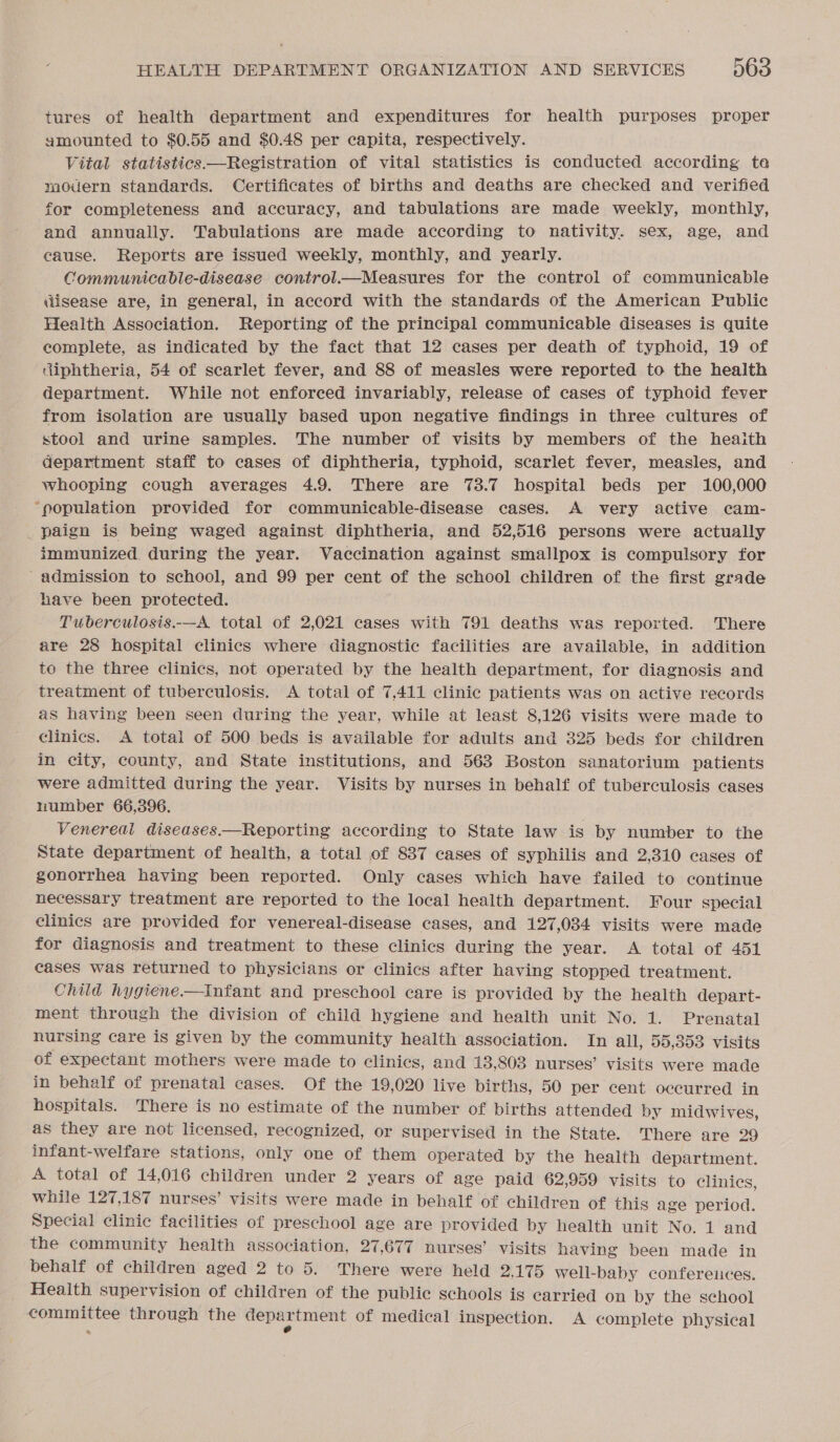 tures of health department and expenditures for health purposes proper amounted to $0.55 and $0.48 per capita, respectively. Vital statistics —Registration of vital statistics is conducted according ta mouern standards. Certificates of births and deaths are checked and verified for completeness and accuracy, and tabulations are made weekly, monthly, and annually. Tabulations are made according to nativity. sex, age, and cause. Reports are issued weekly, monthly, and yearly. Communicable-disease control—Measures for the control of communicable disease are, in general, in accord with the standards of the American Public Health Association. Reporting of the principal communicable diseases is quite complete, as indicated by the fact that 12 cases per death of typhoid, 19 of diphtheria, 54 of scarlet fever, and 88 of measles were reported to the health department. While not enforced invariably, release of cases of typhoid fever from isolation are usually based upon negative findings in three cultures of stool and urine samples. The number of visits by members of the heaith department staff to cases of diphtheria, typhoid, scarlet fever, measles, and whooping cough averages 4.9. There are 73.7 hospital beds per 100,000 “population provided for communicable-disease cases. A very active cam- _ paign is being waged against diphtheria, and 52,516 persons were actually immunized. during the year. Vaccination against smallpox is compulsory for ' admission to school, and 99 per cent of the school children of the first grade have been protected. Tuberculosis.—A total of 2,021 cases with 791 deaths was reported. There are 28 hospital clinics where diagnostic facilities are available, in addition to the three clinics, not operated by the health department, for diagnosis and treatment of tuberculosis. A total of 7,411 clinic patients was on active records as having been seen during the year, while at least 8,126 visits were made to clinics. A total of 500 beds is available for adults and 325 beds for children in city, county, and State institutions, and 563 Boston sanatorium patients were admitted during the year. Visits by nurses in behalf of tuberculosis cases number 66,396. Venereal diseases—Reporting according to State law is by number to the State department of health, a total of 837 cases of syphilis and 2,310 cases of gonorrhea having been reported. Only cases which have failed to continue necessary treatment are reported to the local health department. Four special clinics are provided for venereal-disease cases, and 127,034 visits were made for diagnosis and treatment to these clinics during the year. A total of 451 cases was returned to physicians or clinics after having stopped treatment. Child hygiene.—Infant and preschool care is provided by the health depart- ment through the division of child hygiene and health unit No. 1. Prenatal nursing care is given by the community health association. In all, 55,353 visits of expectant mothers were made to clinics, and 13,803 nurses’ visits were made in behalf of prenatal cases. Of the 19,020 live births, 50 per cent occurred in hospitals. There is no estimate of the number of births attended by midwives, as they are not licensed, recognized, or supervised in the State. There are 29 infant-welfare stations, only one of them operated by the health department. A total of 14,016 children under 2 years of age paid 62,959 visits to clinics, while 127,187 nurses’ visits were made in behalf of children of this age period. Special clinic facilities of preschool age are provided by health unit No. 1 and the community health association, 27,677 nurses’ visits having been made in behalf of children aged 2 to 5. There were held 2,175 well-baby conferences. Health supervision of children of the public schools is carried on by the school committee through the department of medical inspection. A complete physical