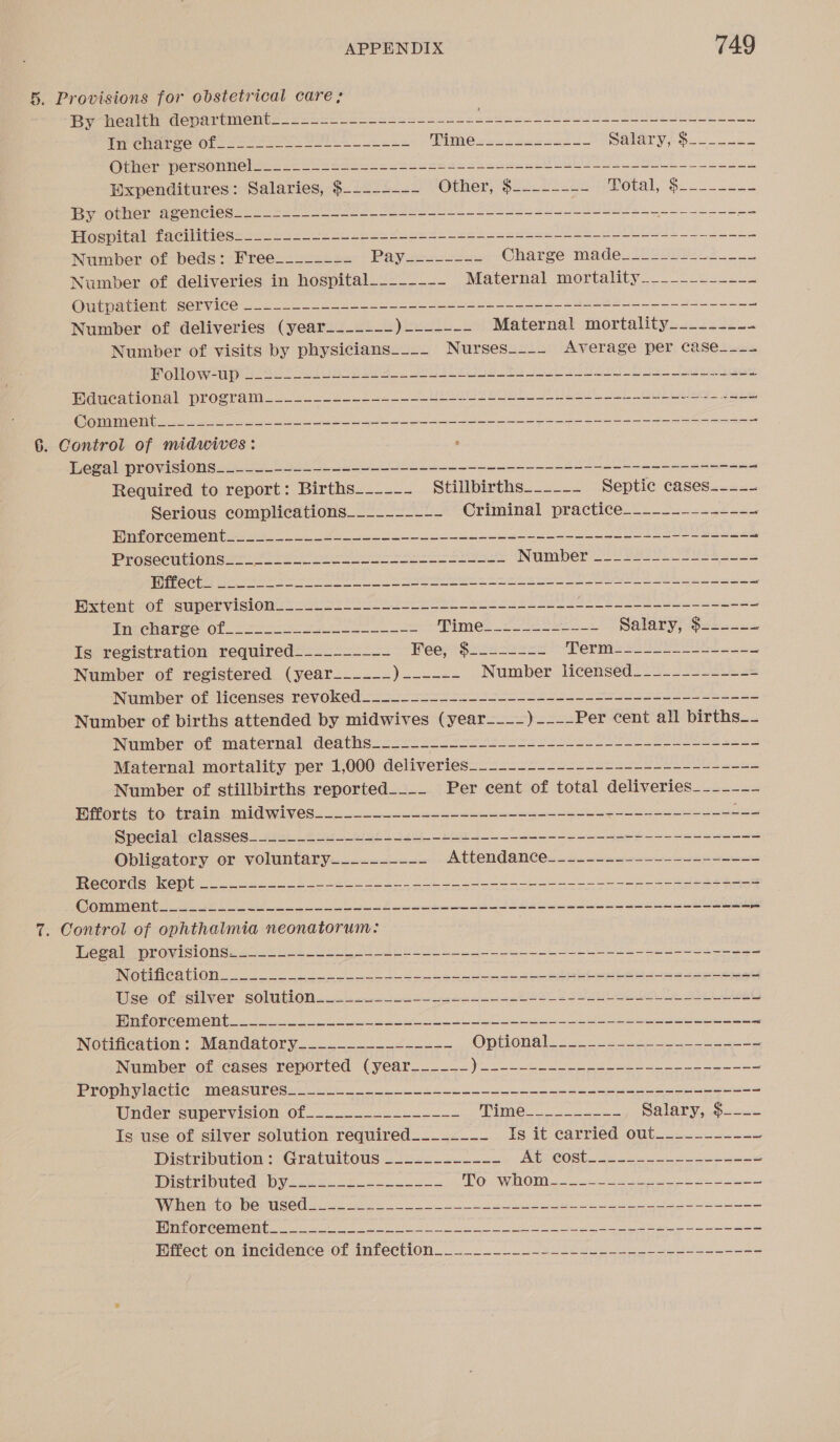 5. Provisions for obstetrical care; Py health departments 2265-255 .s2c4i2-22-222-4-2 bbs tae Wanewor ce Ol oo nee eet ee OMIM oo ee os Salary; $2. Other personnel____-__------------+---------+----------------------- Expenditures: Salaries, $-------- Other; $s2.22s28 Petal, Soo. Loe By other agencies____-~------------~---------------- ity gaara airsiee pag Hospital facilities___._._____--------------------------------------------- Number of beds: Free___----- POY oes Charge made.ii2l.2..2__.. Number of deliveries in hospital___----- Maternal mortality._.______.--~ Outpatient service __--------------------------------------------------- Number of deliveries (year_------- j Wil ane ee Maternal mortality_____-_-. Number of visits by physicians__-__ Nurses._.__. Average per case_--. POLOW- pi oes See ees eee iS PR PLAS CEE eee SOMME Peete Le Crd Educational program____-----------------~------------------------+--+--+ [VAC EAE TR? ae Ric stl Coss I NORDEA Us bey sUV=O Sonali ne eee DUreaiege peter See et 6. Control of midwives: ° Legal provisions__----------------------~------+-------------------------= Required to report: Births_____- Stillbirths. ..0.2 Septic cases___-- Serious complications_____--_-- Criminal practice. -— 5... 2=- ey Wntorecment 2s). 2 Fe ence eae eee eae Prosecitionss: 2 ce te eS eee Seas Nameber So. reve sk cos Wen Che tre ra 8 eee a eee a eee eee eee Extent of supervision.___.__-__------------------------------------------- Hrenaree of] Ftc oe ieee ees e. Salary, $22... ; Is registration required-..._---~- PeerSiraseass WPOr ies setae r Oe! os a, Number of registered (year_----- We since Number licensed_.._.--_=_=== Ninmber Of LICGHSeS TeEVOKEO 223 se a ee eee a Se eee Number of births attended by midwives (year__-_)----Per cent all births__ Nimber or maternal deatiesc (esi e ss rs see eee eee oS aes Maternal mortality per 1,000 deliveries______-__--------------------- Number of stillbirths reported____ Per cent of total deliveries____--- Ports toutrain. mid Wives... Ce eee Special classes___-__--_---------------------------------------------- Obligatory or voluntary___..----- DEON GANCC Sod cetnate denne wae ae Records kept 4b ee ee a et GoimiInen tae ee a ee pe eee eos eee Beeeeay © 7. Control of ophthalmia neonatorum: Leeart iprovisionses. 2-24 se eo es ese POICOT OMe ooo ke A ie a ia eat eS ANN 8 oe ae Se peat ae Wisevot silver. SOLON sib ett ee Ee SSI Sle eee NS STE ATRESIA CP Spe a = ae PES ee ERO Seay E erteees te ce virieurer renee Oo Notification :. Mandatory... 22s ODTOna se shoe Number of cases reported (year_----- PR Oe ALAS ae Bee ING, OR Re Se piesa a Prophylactic .measures________.-__-..-------_..~---~-+~.-+---+-+--+++~-+-++=-= Under supervision of..._..-......._. MPO. Ser Salary, $_.-_- Is use of silver solution required_____--~ Is it: carried! outu.2 26 Distribution: Gratuitous _-__--------- BSTC RN ele Ee eee ee Distribuced by.2. eo 5.32. PES Oi sc RW TRON sh ea a Be a Aa Taha Ors ORORL SL ane syateet 3 OL ee A an ele i Bs och eta ence eitoreenient. 25 265 os i he ee DECEIT Ten ee ee Dre PHirect onunci@ence:01 imiection J! ee te