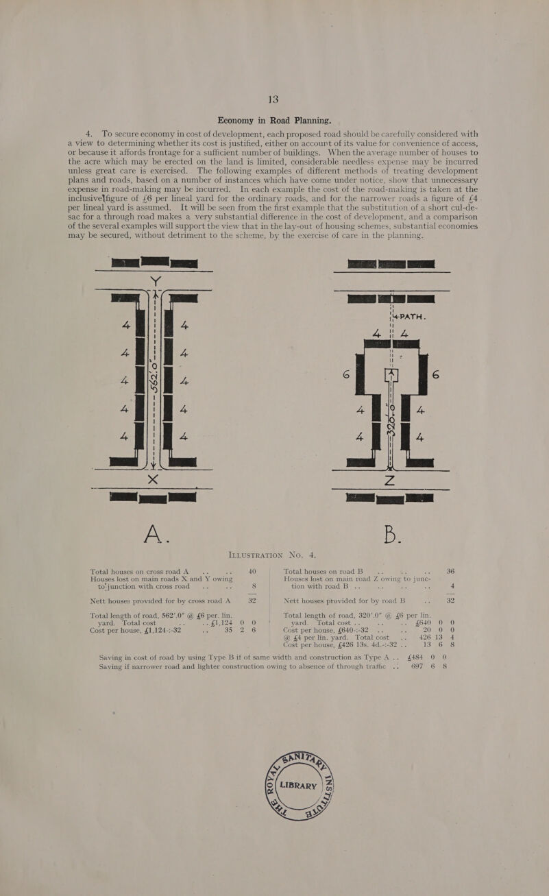 Economy in Road Planning. 4. To secure economy in cost of development, each proposed road should be carefully considered with a view to determining whether its cost is justified, either on account of its value for convenience of access, or because it affords frontage for a sufficient number of buildings. When the average number of houses to the acre which may be erected on the land is limited, considerable needless expense may be incurred unless great care is exercised. The following examples of different methods of treating development plans and roads, based on a number of instances which have come under notice, show that unnecessary expense in road-making may be incurred. In each example the cost of the road-making is taken at the inclusivelfigure of {£6 per lineal yard for the ordinary roads, and for the narrower roads a figure of £4 per lineal yard is assumed. It will be seen from the first example that the substitution of a short cul-de- sac for a through road makes a very substantial difference in the cost of development, and a comparison of the several examples will support the view that in the lay-out of housing schemes, substantial economies may be secured, without detriment to the scheme, by the exercise of care in the planning. —    ! ! i PATH | oT ! ates, ip ie Ol mm” C 1 4 } Jz | : a | a ABB 4 See OG NN AN    ILLUSTRATION No. 4. Total houses on cross road A é 40 Total houses on road B ‘ 36 Houses lost on main roads X and Y owing Houses lost on main road Z owing ‘to junc- to;junction with cross road 8 tion with road B 4 Nett houses provided for by cross road A 32 Nett houses provided for by road B 32 Total length of road, 562’.0” @ £6 per. lin. Total length of road, 320’.0” @ £6 per lin. yard. “Total cost : ag eal Es 90). 0) | yard. “Total cost : oo FA OW Cost per house, £1,124-: 32 56 35 2 6 Cost per house, £640-:-32 38 Se 20) 00 @ £4 per lin. yard. Total cost .. 426 13 4 Cost per house, £426 13s. 4d.-:-32 .. 13 6 8 Saving in cost of road by using Type B it of same width and construction as Type A... £484 0 0 Saving if narrower road and lighter construction owing to absence of through traffic .. 697 6 8 