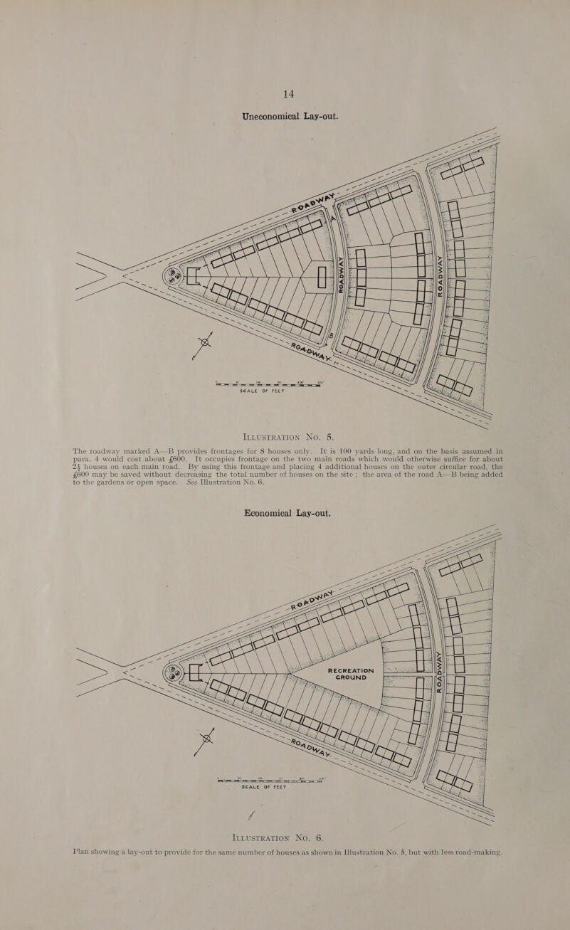 Uneconomical Lay-out.    ROADWAY       ILLUSTRATION No. 5. The roadway marked A—B provides frontages for 8 houses only. It is 100 yards long, and on the basis assumed in para. 4 would cost about £600. It occupies frontage on the two main roads which would otherwise suffice for about 24 houses on each main road. By using this frontage and placing 4+ additional houses on the outer circular road, the £600 may be saved without decreasing the total number of houses on the site; the area of the road A—B being added to the gardens or open space. See Illustration No. 6.       ADWAY RO ey rf             RECREATION GROUND i    ttf 50° 100 ts0 900 950°  SCALE OF FEET fr ILLUSTRATION No. 6. Plan showing a lay-out to provide for the same number of houses as shown in Illustration No. 5, but with less road-making.