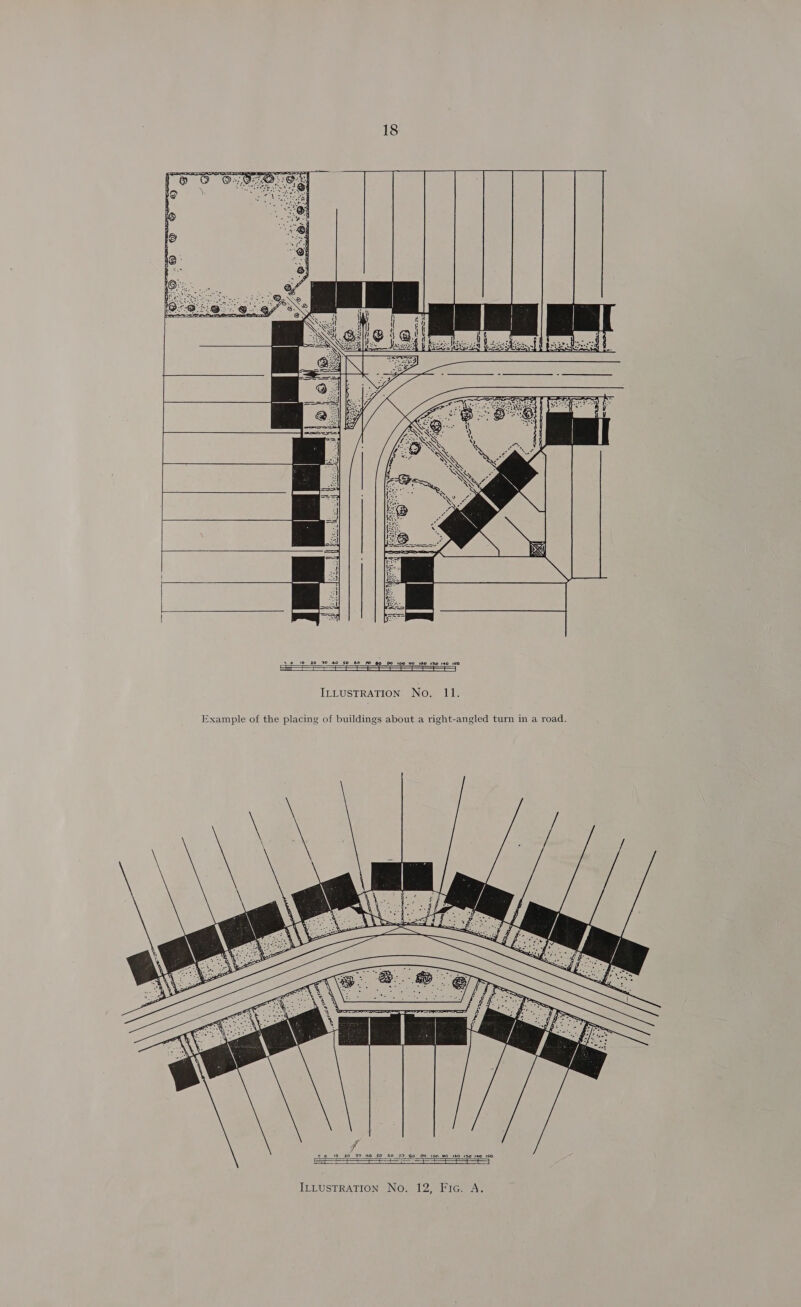        50 10 20 30 40 50 60 70 60 90 100 10 120 130 140 160 ==    ILLUSTRATION No. 11. Example of the placing of buildings about a right-angled turn in a road.    fete £ iE SES Fe 
