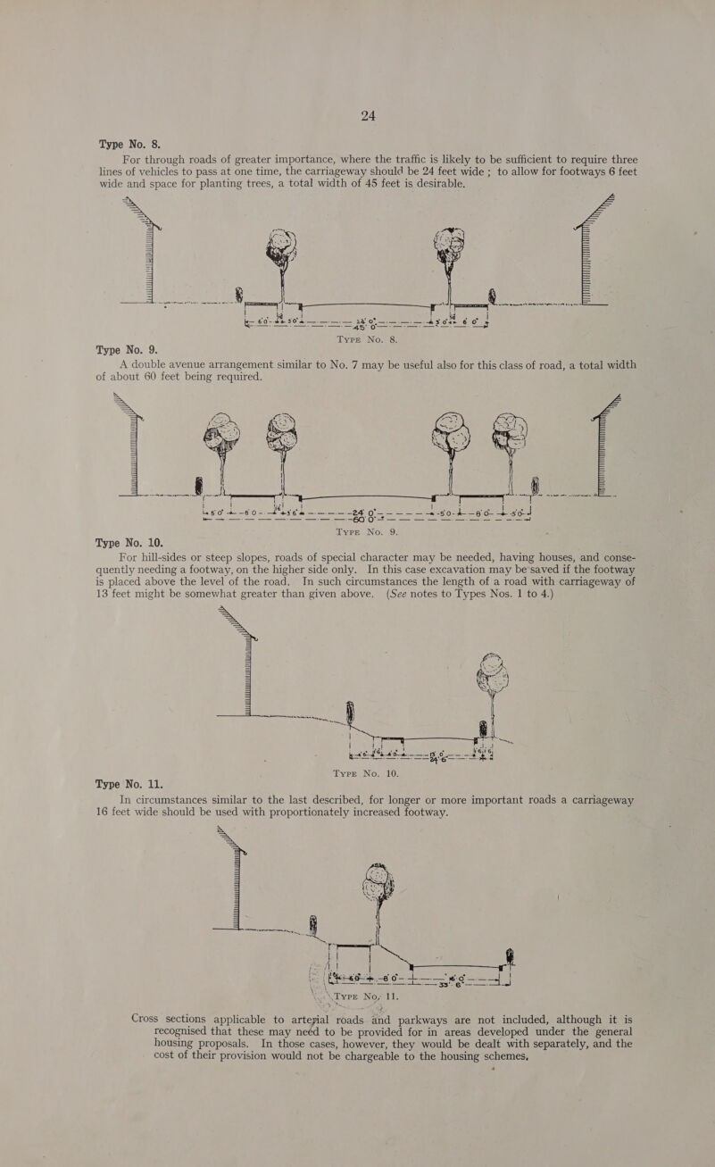 Type No. 8. For through roads of greater importance, where the traffic is likely to be sufficient to require three lines of vehicles to pass at one time, the carriageway should be 24 feet wide ; to allow for footways 6 feet wide and space for planting trees, a total width of 45 feet is desirable.  i= pats sod RE irae, Se ee os On eee ay off 6 oa, ee es a eee Type No. 8. Type No. 9. A double avenue arrangement similar to No. 7 may be useful also for this class of road, a total width of about 60 feet being required.  Type No. 10. For hill-sides or steep slopes, roads of special character may be needed, having houses, and conse- quently needing a footway, on the higher side only. In this case excavation may be saved if the footway is placed above the level of the road. In such circumstances the length of a road with carriageway of 13 feet might be somewhat greater than given above. (See notes to Types Nos. 1 to 4.)  baie fh ee gd ee ous 3 -6—— *  ar Type No. 10. Type No. 11. In circumstances similar to the last described, for longer or more important roads a carriageway 16 feet wide should be used with proportionately increased footway.  &gt; Cross sections applicable to artepial roads. and parkways are not included, although it is recognised that these may need to be provided for in areas developed under the general housing proposals. In those cases, however, they would be dealt with separately, and the cost of their provision would not be chargeable to the housing schemes, a