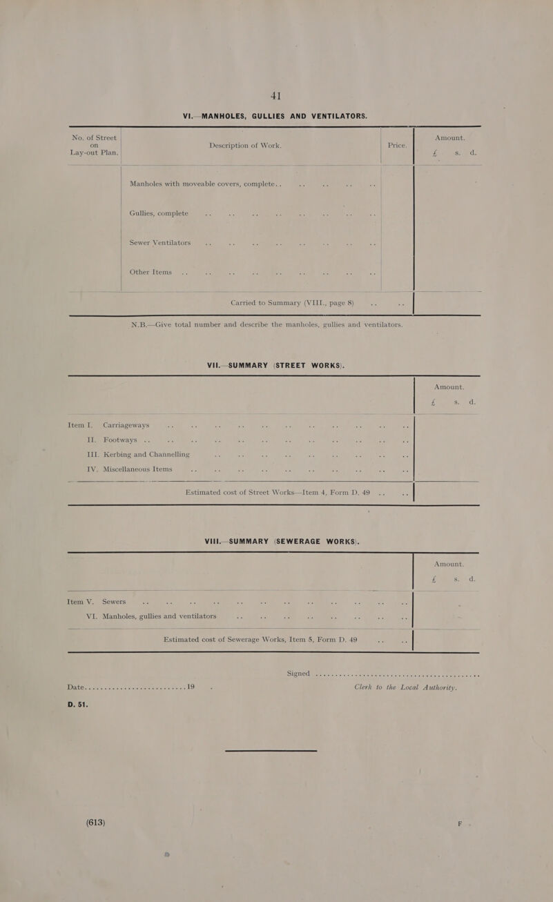 4] VI.—MANHOLES, GULLIES AND VENTILATORS.  No. of Street | Amount. on Description of Work. \) rice: Lay-out Plan. | iB Ss GE Manholes with moveable covers, complete. . Gullies, complete Sewer Ventilators Other Items  Carried to Summary (VIII., page 8) eee N.B.— Give total number and describe the manholes, gullies and ventilators.  VII._SUMMARY (STREET WORKS).  Amount. KH jah Item I. Carriageways Il. Footways Ill. Kerbing and Channelling TV. Miscellaneous Items  Estimated cost of Street Works—Item 4, Form D. 49  VIII.SUMMARY (SEWERAGE WORKS).   Item V. Sewers VI. Manholes, gullies and ventilators   Estimated cost of Sewerage Works, Item 5, Form D. 49 ————— SUG TUS Ueeirevereyoks (si' asia. cel neta shenepane eciaCire te faucisten Newsy Sentero ae HD) AGIs aiccliete. &lt;.tehe. soos cvererobelar sisters: ayeys)'s 19 ‘ Clerk to the Local Authority.