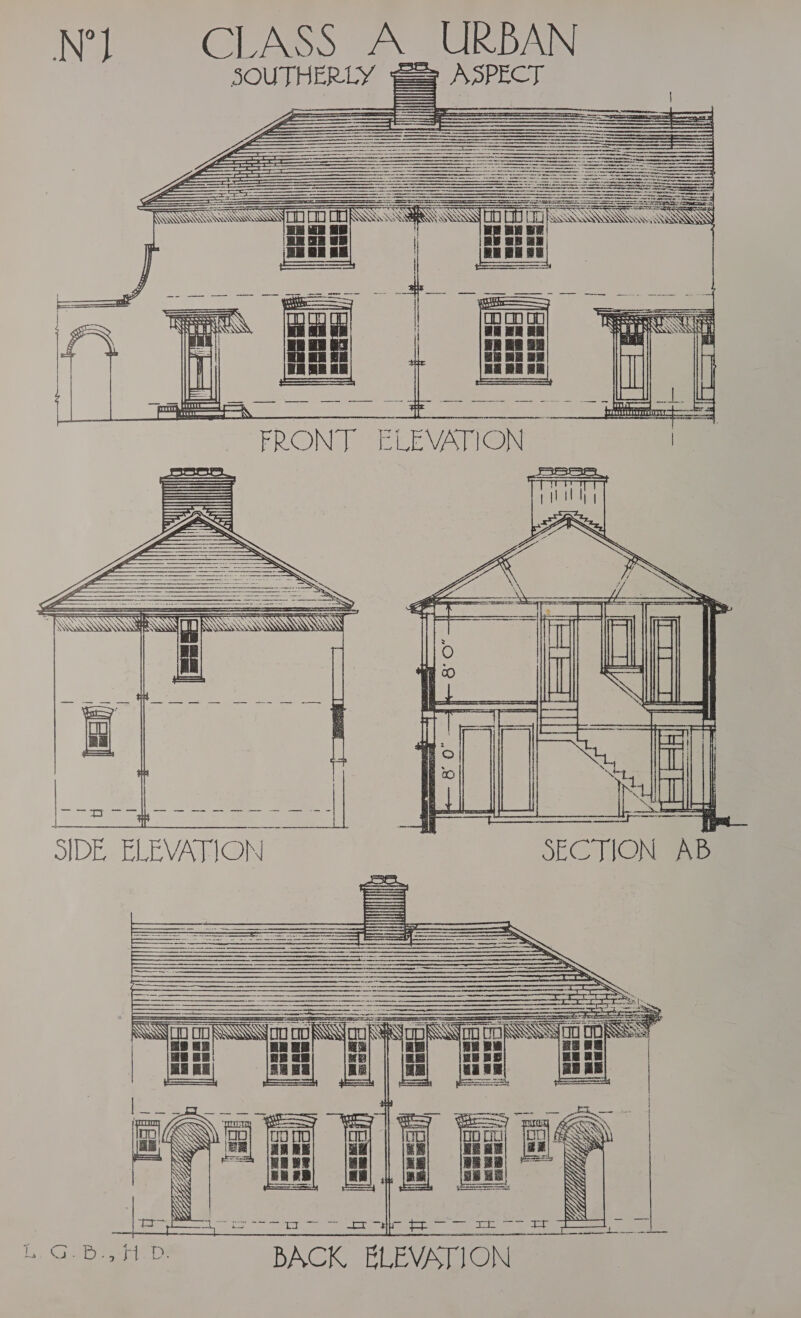 fi \ =| Ge Is i / ’ Ge 7     pee Boo ceepid SS ERE: RP HHAMN     / | | Y 1 e/ i Y DE 12 if ; SGN   ad ELEVATION FRONT IC mm aa ated  BACK ELEVATION — SOUTRERLY GEASS aN 2 CIN IN  aN a=al  |     N’}