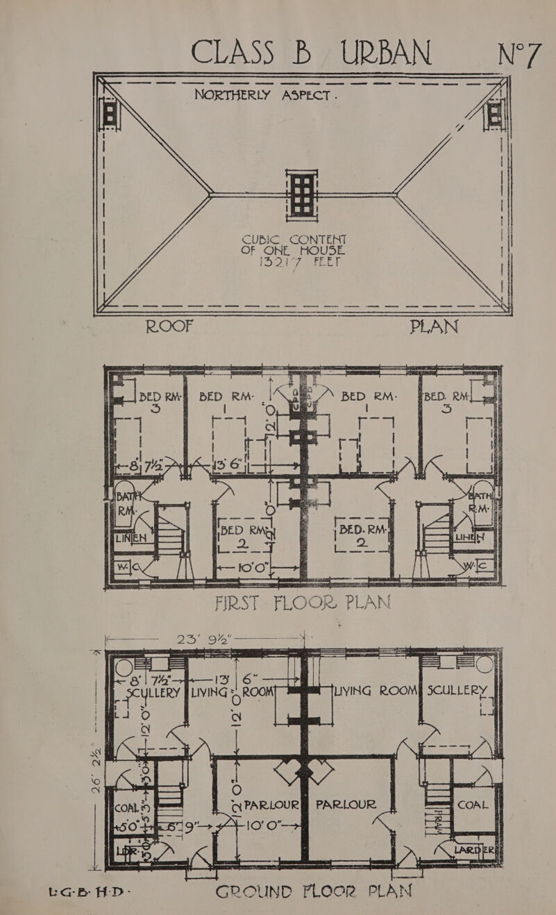 CLASS B URBAN N°7 NORTHERLY ASPECT.    CUBIC CONTENT &gt; OF ONE HOUSE | ID ae ee    LGB HD- GROUND “oo PLAN.