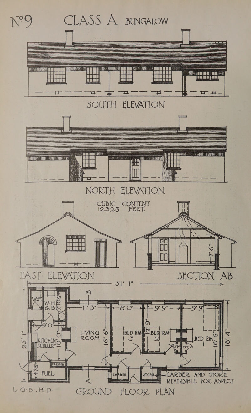 N°9 CLASS A. BUNGALOW = PFT MT ETT tat MINN) aes mmm ET To ! oH “Ee | i NORTH ELEVATI ON CUBIC CONTENT I2525ee) EE: Soom   LG ee GROUND FLOOR PLAN