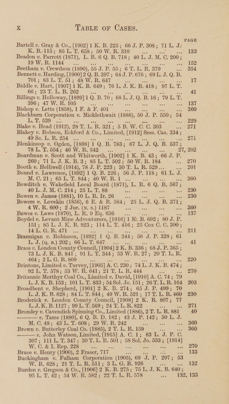   PAGE Bartell v. Gray &amp; Co., [1902] 1 K. B. 225 ; 66 J. P. 308; 71 Lie Js K. B.115; 85 L. T. ey 50 W. R. 310 7 133 Beadon »v. Parrott (1871), L .R. 6 Q. B. 718: 40 Li, “JM coh 200 ; 19 W. R. 1144~ - ... rz ieee a boo Beetham v, Crewdson (1890), 55 J.P. 5B; 67. LL. a 379 .. 3854 Bennett v. Harding, [1900] 2 Q. B. 397 ; 64 J. P.676; 69L.3.Q.B. _ 701; 83 L. T. 513-48 W. R. 647 ga 17 Biddle v. Hart, [1907] ESE. 649; 76 L. J. K. B. ‘418 ; ‘OTL. T. 66; 23 T. L. R. 262 - 41 Billings v. Holloway, [1899] 1 Q. B. 70 ; 68 L. J. = B. 16; 79 L. T. 396; 47 W. R. 105 a nee Bishop v. Letts (1858), 1 F. &amp; F. 401 es «se 00 Blackburn Corporation v. Micklethwait (1886), 50 ae, 550 ; 54 1, T. S80 - so... wwe 229 Blake v. Head (1912), 28 T. ‘s R. 321 ; 5B W. CG. C. 303 iy ea Blakey v. Robson, Eckford &amp; Co., Limited, [1912] Sess. Cas. 334; 49 Sc. L. R. 254 ... 271 Blenkinsop v. Ogden, [1898] 1 Q. B. 783; ih iy ds Q. 'B. 537; 78 L. T. 554; 46 W. R. 542. ; 27, 202 Boardman v. Scott and Whitworth, [1902] 1K 8. 43 ; 66 J. P. 260; 71 LL. J. EB.3 85 L. T. 502; 50 W. B. 184 270 Booth v. Helliwell (1914), 78 J.P. 223; 30 T. L. R. 529.. ree! | Bound v. Lawrence, [1892] 1 Q. B. 226 ; 56 J. -P.d48 3 61 L. J. M. C. 21; 65 L. T. 844; 40 W.B.1 ... 360 Bowditch v. Wakefield Local Board ee L. R. 6 | B. 567; 40 L. J. M.C. 214; 25 L. T. 88 . 230 Bowen v. James (1881), 10 L. R. Ir. 26 Ss yee I) Bowers v. Lovekin (1856), 6 E. &amp; B. 584; 25 a. Q1 acy any 4 W.R. 600; 2 Jur. (N. s.) 1187 = Bowes v. Laws (1870), L. R. 9 Eq. 636 a 137 Boydel v. Levant Mine Adventurers, [1916] 1 K. B. 692 ; “80 J. P. 151; 85 L. J. K. B. 923 5-114 L. T. 416; 25 Cox C. C. 300 ; 14.0 R, 47... 211 Brannigan v. Robinson, [1892] ] Q. B. 344 ; 56 Te 328 ; 61 L. J. (Q. B.) 202; 66 L. T. 647... 41 Brass v. London County Council, [1904] 2 K, B. 936; 68 J. P. 365 ; 73 L. J. K. B. 841; 91 L. T. 344; 53 W. R. 27; 20 T. L. R. 464; 2L.G.R. 809 hae 220 Brintons, Limited v. Turvey, [1905] A. C. 230 ; 74.1. J. K. = ATA ; 92 L.. T. 578; 53 W. R. 641; 21 T. L. R. 444 he 270 Britannic Merthyr Coal Co., Limited ». David, [1910] A. C, 74; 79 L. J. K.B. 153; 101 L. ?, 833 ; 54Sol. Jo. 151; 26T. L. R. 164 203 Broadbent v. Shepherd, [190i] 2 K. B. 274 : 65 J. P. 499 570 L. J. K. B. 628; 841. T. 844; 49 W. R. 521; 17T.L. R.460 230 Broderick v. London County Council, [1908] 2 K. B. 807; 77 L. J. K. B. 1127; 99 L. T. 568 ; 24'T.L, R, 822 : 271 Bromley v. Cavendish Spinning Co., Limited (1886), 2 T. L. ‘R.88i 40 ~ v. Tams (1880), 6 Q. B. D. 182; 43 J, P. 142; 50L. J. M. C. 48; 43 L. T. 608; 29 W. R. 242 eee 360 Brown v. Butterley Coal Co, '(1885), 2 koko é 360 —v. John Watson, Limited, [1915] A. C. 1; 83 Te s P. C. 307; TELL. C347. 30 7. 4. Bi. tS 58 Sol. Jo. ead [1914] W. C. &amp; I. Rep. 228 ie , cae TO Bruce v. Henry (1900), 2 Fraser, 7 17 «toe Buckingham v. Fulham Corporation (1905), 69 J. P. 297 ; 53 W, R, 628; 21 TL, B. 611; 3 L. G. BR. 926 132 Burden v. Gregson &amp; Co., [1906] 2K. B. 275; 75 Led, K. B. 640 ; 95 L. T. 42; 54 W. R. 582; 22). b, R. 578 ata 132, 133