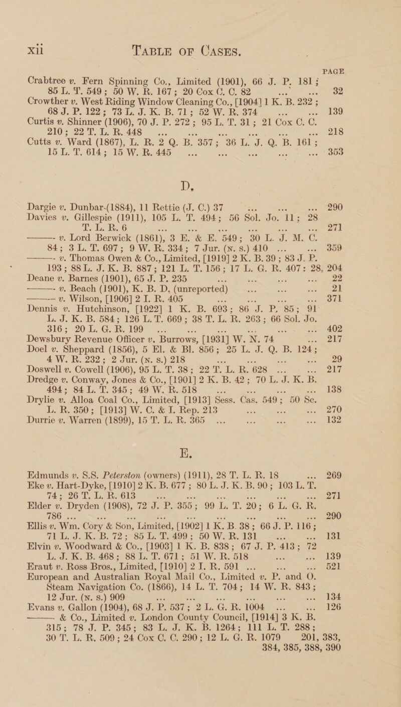 PAGE. Crabtree v. Fern Spinning Co., Limited (1901), 66 3 P. 181; 85 L. T. 549; 50 W. R. 167 ; 20 Cox GC. C. 82 , 32 Crowther v. West Riding Window Cleaning Co., [1904] 1 K. ‘B. 232 ; ; 68. J.P. 122; 73°L. J. K. B. 71; 52 W. R. 374 Ae 139 Curtis ». Shinner (1906), 1:3. P; 272 ; 954, Tit: 21 Com’: G. 210°; 229. Li. R448... 218 Cutts v. Ward (1867), L. R. 2 Q. B. 357 ; Lae, Se at B. 161: 15 L. T. 614; 15 W.R. 445... 353 D, Dargie v. Dunbar-(1884), 11 Rettie (J. C.) 37 ee is ie OW) Davies v. Gillespie (1911), 105 L. T. 494; 56 Sol. Jo. 11; 28 T. L. R. 6 de is ie ee ong ———- v. Lord Berwick (1861), 3 Hk EB. 549 30 4b. J. BE. C 84; 3L. T. 697; 9 W. BR. 334; 7 Jur. (Nw. 8.) 410 ... ay eee  0, Thomas Owen &amp; Co., Limited, [1919] 2 K. B. 39; 83 J. P. 193; 88L. J. K. B. 887; 121 L. T. 1563 VOGeG. R. 407: 28, 204   Deane v. Barnes (1901), 65 J. P. 235 oh ? ; 22 - v. Beach (1901), K. B. D. (unreported) so , ye -— v. Wilson, [1906] 2 I. R. 405 ek Dennis v. Hutchinson, [1922] 1 K. B. 693 ; 86 J P, 85; 91° L. J. K. B. 584; 126 L. T. 669; 38 T. L. R. 263; 66 Sol. Jo. 316; 20 L. G. Hi, 1005 is 402 Dewsbury Revenue Officer v. Burrows, [1931] W. N. 74 217 Doel v. Sheppard (1856), 5 El, &amp; BI. 856; 25 L. J. Q. B. 124 ; 4 .W. R. 232; 2 Jur. (N. 8.) 218 aS te ae Doswell v. Cowell (1906), 95 L. L.. GOS. 2m hs du. B68 |. 217 Dredge v. Conway, Jones &amp; Co., [1901] 2 KB. 4s 70 Gade IK. B. 494; 84L. T. 345; 49 W. R. 518 eas 138 Drylie v. Alloa Coal Co., Limited, [1913] Sess. Cas. 549 ; 50 Sc. L. R. 350 ; [1913] W. Lo. &amp; I. Rep. 213 an 5 set dO Durrie v, Warren (1899), 15 T. L. R. 365... ap We Baremee EB. Edmunds v. 8.8. Peterston (owners) (1911), 28 T. L. R. 18 sss ae! Kke v. Hart-Dyke, [1910] 2 K. B. 677; 80 L. J. K. B. 90; 103 L. T. 745. 26 T, Li R613 sins sist 271 Elder v. Dryden (1908), 72 J. P. 355; 99 eo 20; 6 1. B. 786 . 290 Ellis v. Wm. Cory &amp; Son, Limited, [1902] 1 K. o 38; 66 J. P. 116; 72 LL. J. K. B..72 +85 L.'T. 409; 50°W. RB. 131 Ae weet OE Elvin v. Woodward &amp; Co., [1903] 1 K. B. 838; 67 J. P.-413 3-72 L. J. K. B. 468; 88 L. T. 671; 51 W. R. 518 ie m deo Eraut v. Ross Bros., Limited, [1910] 2.1m. 5OL Ss 521 European and Australian Royal Mail Co., Limited v. P. and O. Steam Navigation Co. (1866), 14 L. T. 704; 14 W. R. 843; 12 Jur. (N. 8.) 909 oa 134 Evans v. Gallon (1904), 68 J. P. 537; 2 LQ, Woe): 126 - &amp; Co., Limited v. London County Council, [1914] 3 K. B. 315 ; 78 J. P. $45: 83 L. J; K..B. 1264; 111 L. T. 288; 384, 385, 388, 390 