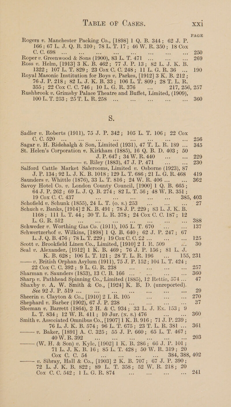 PAGE Rogers v. Manchester Packing Co., [1898] 1 Q. B. 344; 62 J. P. 166; 67 Le JO. B. 3103078 LiL. 17 : 46 W. RB. 350; 18 Cox C.C. 698. sad 250 Roper v. Greenwood &amp; Sons (1900), 83 L. 7.471... 269 Ross v. Helm, [1913] 3-K. B. 462; 77 J. P. 13; 82 L. sii AK; B. 1322; 107 L. T. 829;. 23 Cox C. C: 248 ; it G8. $6 a... 190 Royal Masonic Institution for Boys v. Parkes, [1912] 3K. Bs 212; 76.J. P. 218; 82 L. J. K. B. 33; 106 L. T. 809; 28 T. L. R. 355 ; 22 Cox C. C. 746; 10 L. G. R. 376 Ae 217, 256, 257 Rushbrook ». Grimsby Palace Theatre and Buffet, Limited, td FOO 1. T2253. 26 7258 3. a 360 S. Sadler v. Roberts (1911), 75 J. P. 342; 105 L. T. 106; 22 Cox Cr Gc D205 = ass iss Seis oo a ae Sas a 206 Sagar v. H. Ridehalgh &amp; Son, Limited (1931), 47 T. L. R. 189 ... 345 St. Helen’s Corporation v. Kirkham (1885), 16 Q. B. D. 403 ; 50 J. P.647; 34W.R. 440... 229 ———___________— »v. Riley (1883), 47 J. P. 471 Be 230 Salford Cattle Market Salerooms, Limited v. Osborne (1923), 87 J. P. 134; 92 L. J. K. B. 1018; 129 L. T. 686; 21 L. G. R.468 419 Saunders v. Whittle (1876), 33 L. T. 816; 24 W. RB. 406 dee OOD Savoy Hotel Co. v. London County Council, [1900] 1 Q. B. 665 ; 64 J. P. 262; 69 L. J. Q. B. 274; 82 L. T. 56; 48 W. R. 351; 19 Cox C. C. 437 : os 385, 403 Schofield v. Schunk (1855), 24 L. T. (0. s.) 253 Gas oad Schuch v. Banks, [1914] 2 K. B. 491; 78 J. P. 229; eo a Ke B. 1168; 111 L. T. 44; 30T. L. R. 378 ; 24 Cox C. C. 187; 12  L. G. R. 512 4 ‘ .. 388 Schweder v. Worthing Gas Co. (1911), 105 L. T. 670°... ie LOW Schwertzerhof v. Wilkins, [1898] 1 Q. B. 640; 62 J. P. ee 67 L. J. Q. B. 476; 78 L. T. 229; 19 Cox C. C. 22. sng E25 Scott v. Brookfield Linen Co., Limited, [1910] 2 I. RB. 509° 30 Seal v. Alexander, [1912] 1 a B.. 469: 76 SP. 156: StL. Fi Kise’. 628; 106 Lil 121; og 7 1. B16. 155, 231 v. British Orphan Asylum (1911), 75 J. P. 152; 104 L. T. 424 ; 22 Cox’C. C. 392; 9 L. G. R. 238 sis , ee iy Sharman v. Saunders (1853), Poe: 166: ee * 360 Sharp v. Pathhead Spinning Co., Limited (1885), 12 Rettie, BT4. 47 Shaxby v. A. W. Smith &amp; &amp; Co., [1924] K. B. D. . (unreported). See 92 J. P. 519 . 29 Sheerin v. Clayton &amp; Co., [1910] 21. R. 105 re Bes a OO Shephard v. Barber (1902), Gl J.P. 288 es See Sleeman v. Barrett (1864), 2 H. &amp; C. 934; 33 i. oe 153; “9 L. T. 884; 12 W. R. 411; 10 Jur. (N. s.) 476 360 Smith v. Associated Omnibus Co., [1907] 1 On 916; 71 J.P. 239 ; 76 L..J. K. B. 574; 96 L. T. 675 ; 23T. LR. 381... 361 —v. Baker, [1891] A. C. 395 ; 55.3..2s 660 ; 65.105. 467 ; 40 W. R. 392 bee 203 OW. H. &amp; Son).x. Kyle, [190211 K.B. 286; 66 J. P. 101; UA Dds Ker do hG 3 80-Le, L428 ; 50 W. RB. 319; 20 Cox C. C. 54 ; ae 334, 388, 402 — v. Sibray, Hall &amp; Co., [1903] 2K. B 707 ; Gi dusk 00 § Wee Ss Kor DB. S223 80) L. Ts. 358); 52 W. RB. 218; 20 Cox C. C. 542; 11, ce R. 874 wn 241  