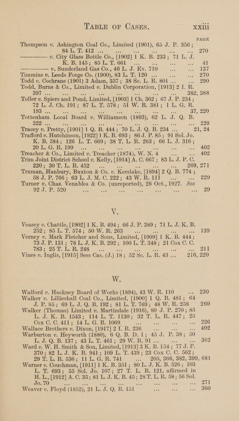 PAGE Thompson v. Ashington Coal Co., Limited (1901), 65 J. P. 356; 84 L. T. 412 ... 270 v. City Glass Bottle Co., [1902] TB! 233 ; ay te KeB 145; 85 1, T664 c : Al —______~ v, Sunderland Gas Co., 46 L. J. Ex. 710 a aes fa] Timmins v. Leeds Forge Co. (1900), 83.L. T. 120... of meee 74 l) Todd v. Cochrane (1901) 3 Adam, 357; 38 Sc. L. R. 801 . . 290 Todd, Burns &amp; Co., Limited v. Dublin Corporation, 1913] 20.R. 3o%. ih 382, 388 Toller v. Spiers and Pond, Limited, [1903] I Ch. 362 ; 67 J. P. 234; 72 L.: JCh. 101} $7 Lh. 0,578 ; 51 W. R. 381; CLG sk, 193%. ; 37, 220 Tottenham Eotal Board v. Williamson (1893), 62 L. ‘3 B. 322 . ws oe 229 Tracey v. Pretty, [1901] 1 Q. B. 444 ; “10 L. ae Q. B. 234. 21, 24 Trafford v. Hutchinson, [1922] 1K. B. 693 ; 86J. P.85; 91 Sol. Jo. K. B. 584; 126 L. T. 669; 38 T. GR. 263 ; 66 L. J. 316 ; 20 LG. 1090 sas ras ... 402 Treacher &amp; Co., Limited v. Treacher (1874), W.N. 4 oe ... 402 Trim Joint District School v. Kelly, [1914] A. C. 667; 83 L. J. P.C. 220; 30 T. L. BR. 452 --... peo) 200 ed Truman, Hanbury, Buxton &amp; Co. v. Kerslake, [1894] 2 Q. B. 774 ; os Jd. B.-766 ; G63 L. JMC. 222; 43: W. Ra lil -.. 229 Turner ¥. Chas. Venables &amp; Co. - (unreported), 26 Oct., 1927. See 92 J. P. 520 ro 29 Ne Veasey v. Chattle, [1902] 1 K. B. 494; 66 J. P. 389; 71 L. J. K. B. 252; 85 L. T. 574; 50 W. R. 263 She 139 Verney v. Mark Fletcher and Sons, Limited, [1909] 1 K. B. 444; ted. P: 131: 78 L. J. K. B. 292 ; 100 L. 'T. 348 ; 21 Cox C. C. 783; 25 T. Lok gas 5, ie ae bos oe ae ald Vines v. Inglis, [1915] Sess Cas. (J.) 18; 52 Sc. L. R. 43 ... 216, 220 W. Walford v. Hackney Board of Works (1894), 43 W. R. 110 sx. 230 Walker v. Lillieshall Coal Co., Limited, [1900] 1 Q. B. 481; 64 J. P. 85; 69.L. J. Q. B. 192; 81 L. T. 769; 48 W. BR. 258 269 Walker (Thomas) Limited v. Martindale (1916), 80 J. P. 270; 85 Lode KB. 1645 = 904 P1130; 32.7. BR. 447, 25 Cox C. C. 411; 14 L. G. R. 1069 side : ye 228 Wallace Brothers v. Dixon, [1917] 2 I. R. 236 : ... 402 Warburton v. Heyworth (1880), 6 Q. B. D. 1; 45 J. P. 38; 50 L. J. Q. B. 1387; 43 L. T. 461 ; 29 W. B. 91. Son Oe Ward v. W. H. Smith &amp; Son, Limited, [1913]3 K. B. 154; ‘11d. P. 370; 82 L. J. K. B. 941; 109 L. 'T. 439 ; 23 Cox C. C. 562 ; 29 T. L. R. 5363 1411. G. BR. 741 ... 205, 366, 382, 399, 681 Warner v. Couchman, [1911] 1K. B. 351; 80 L. J. K. B. 526; 103 bY, 693; 50-Sol. do. 107; 27 1, B. 121, affirmed in FH Ts., [1912] A. C. 35; 81 L. J. ‘KB. 45; 28T. L. R. 58; 56 Sol. Jo. 70 a : as one Weaver v. Floyd (1852), oe ed Q. B. 151 ai Ese ann. aOU