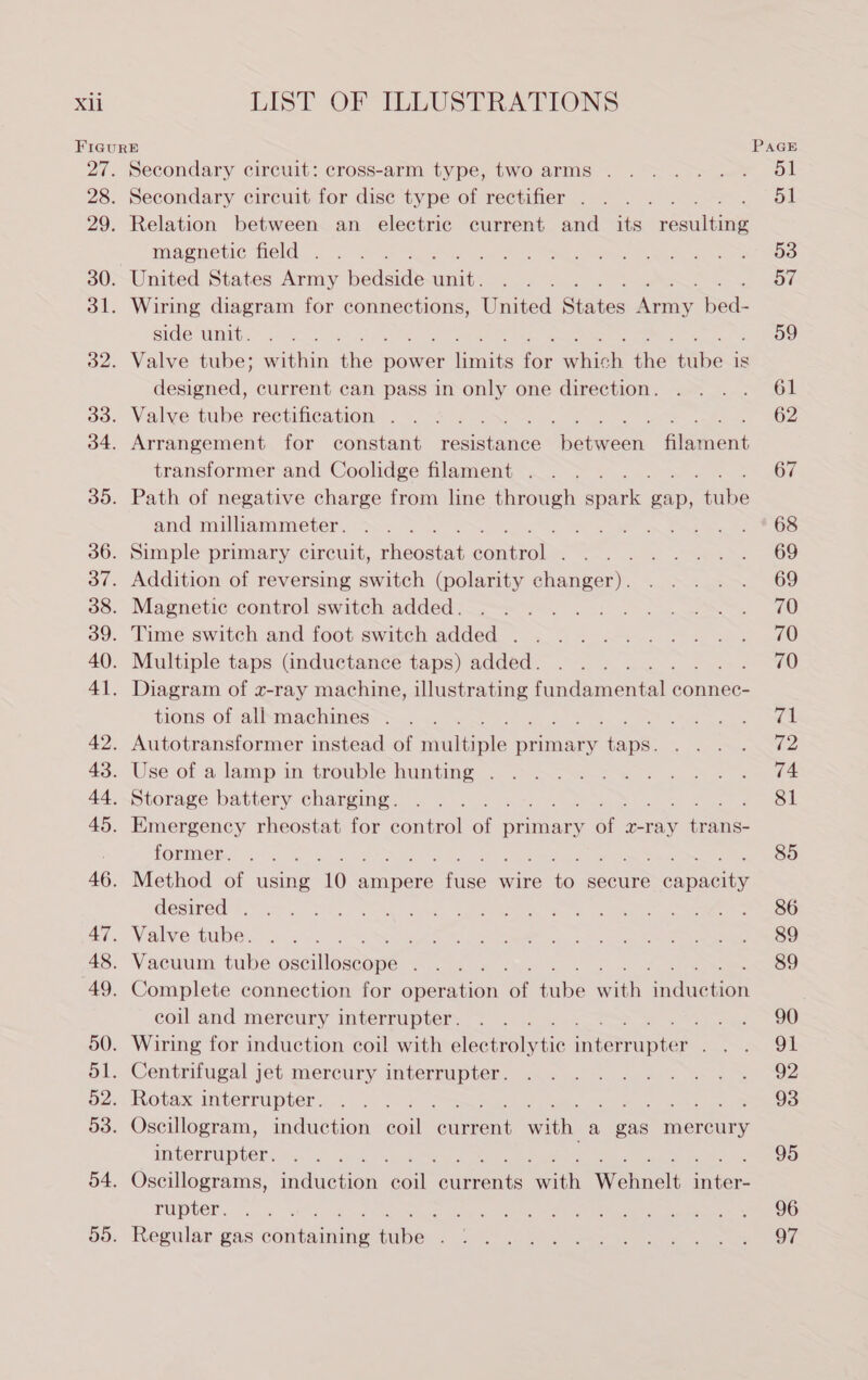 Secondary circuit: cross-arm type, two arms . Secondary circuit for dise type of rectifier . a Relation between an electric current and its pasultie magnetic field . aly United States Army betlsids iit es Wiring diagram for connections, United Stans Ary Red: side unit. Valve tube; within ihe) power dimnite iy halt the Pibe is designed, current can pass in only one direction. Valve tube rectification . Arrangement for constant sevintance babeeon. piadient transformer and Coolidge filament . , Path of negative charge from line through apanik gap, Srbe and milliammeter. Simple primary circuit, shicoatat comiohs Addition of reversing switch (polarity changer). Magnetic control switch added. ; Time switch and foot switch added . Multiple taps Gnductance taps) added. Diagram of x-ray machine, illustrating Fiiduaiontar connec- tions of all machines . Autotransformer instead of makiple primary dane: Use of a lamp in trouble hunting . Storage battery charging. Emergency rheostat for control ot primary ar x-ray a former. Method of using 10 ampere ene wire 6 secure cA AeE desired . Valve tube. Vacuum tube oscillontone Complete connection for operation et fie wie daduence coil and mercury interrupter. eee Wiring for induction coil with alone ue ater Tupi D&gt; .; Centrifugal jet mercury interrupter. Rotax interrupter. : 33 Oscillogram, induction coil sine with, a gas mercury interrupter. : Oscillograms, induction cou anarente pan Wehnelt Tae rupter. 2 Regular gas contains Lane PAGE or sat 57 59 61 62 67 68 69 69 70 70 70 rel 72 74 81 85 86 89 89 90 ot 92 93 95 96 oF.