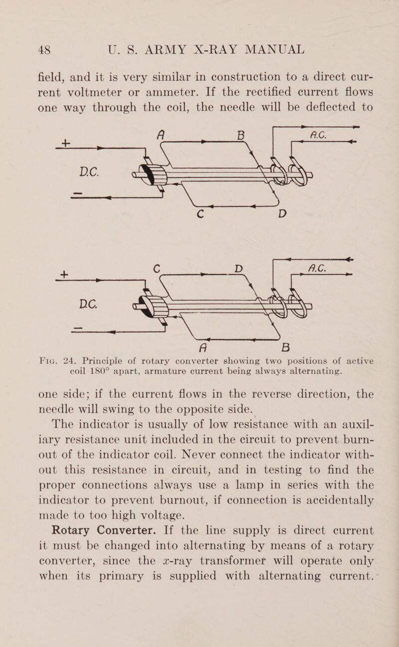 field, and it is very similar in construction to a direct cur- rent voltmeter or ammeter. If the rectified current flows one way through the coil, the needle will be deflected to  one side; if the current flows in the reverse direction, the needle will swing to the opposite side. The indicator is usually of low resistance with an auxil- lary resistance unit included in the circuit to prevent burn- out of the indicator coil. Never connect the indicator with- out this resistance in circuit, and in testing to find the proper connections always use a lamp in series with the indicator to prevent burnout, if connection is accidentally made to too high voltage. Rotary Converter. If the line supply is direct current it must be changed into alternating by means of a rotary converter, since the x-ray transformer will operate only when its primary is supplied with alternating current.