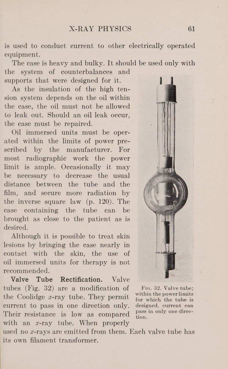 equipment. the system of counterbalances and supports that were designed for it. As the insulation of the high ten- sion system depends on the oil within the case, the oil must not be allowed to leak out. Should an oil leak occur, the case must be repaired. Oil immersed units must be oper- ated within the limits of power pre- scribed by the manufacturer. For most radiographic work the power limit is ample. Occasionally it may be necessary to decrease the usual distance between the tube and the film, and secure more radiation by the inverse square law (p. 120). The case containing the tube can be brought as close to the patient as is desired. Although it is possible to treat skin lesions by bringing the case nearly in contact with the skin, the use of oil immersed units for therapy is not recommended. Valve Tube Rectification. Valve tubes (Fig. 32) are a modification of the Coolidge x-ray tube. They permit current to pass in one direction only. Their resistance is low as compared with an wz-ray tube. When properly  Fic. 32. Valve tube; within the power limits for which the tube is designed, current can pass in only one direc- tion. its own filament transformer.