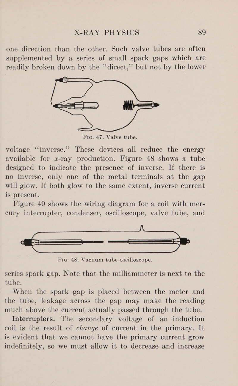 one direction than the other. Such valve tubes are often supplemented by a series of small spark gaps which are readily broken down by the ‘‘direct,’’ but not by the lower  voltage ‘‘inverse.’”? These devices all reduce the energy available for x-ray production. Figure 48 shows a tube designed to indicate the presence of inverse. If there is no inverse, only one of the metal terminals at the gap will glow. If both glow to the same extent, inverse current is present. Figure 49 shows the wiring diagram for a coil with mer- cury interrupter, condenser, oscilloscope, valve tube, and Fig. 48. Vacuum tube oscilloscope. series spark gap. Note that the milliammeter is next to the tube. When the spark gap is placed between the meter and the tube, leakage across the gap may make the reading much above the current actually passed through the tube. Interrupters. The secondary voltage of an induction coil is the result of change of current in the primary. It is evident that we cannot have the primary current grow indefinitely, so we must allow it to decrease and increase