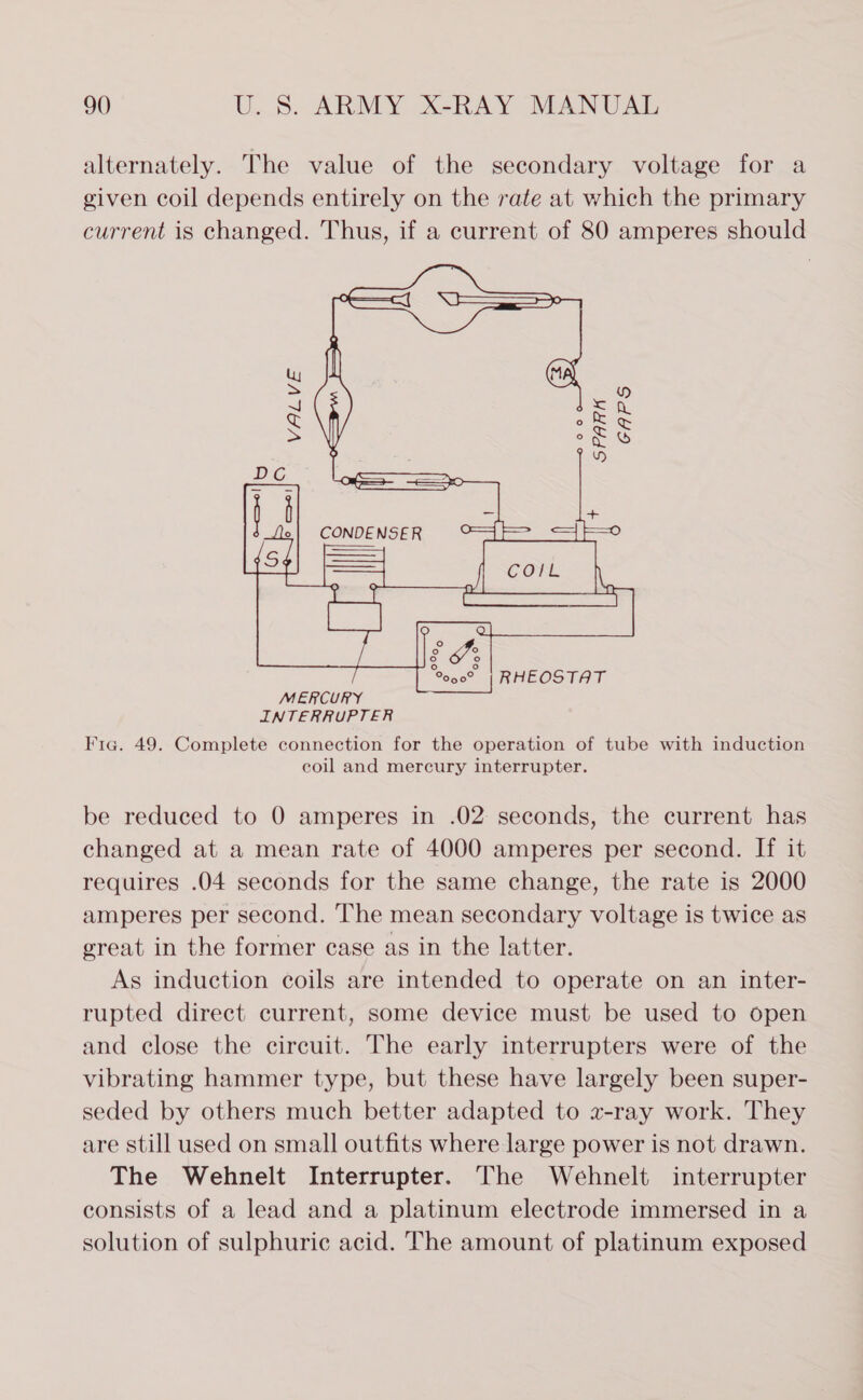 alternately. The value of the secondary voltage for a given coil depends entirely on the rate at which the primary current is changed. Thus, if a current of 80 amperes should  MERCURY INTERRUPTER Fia. 49. Complete connection for the operation of tube with induction coil and mercury interrupter. be reduced to 0 amperes in .02 seconds, the current has changed at a mean rate of 4000 amperes per second. If it requires .04 seconds for the same change, the rate is 2000 amperes per second. The mean secondary voltage is twice as great in the former case as in the latter. As induction coils are intended to operate on an inter- rupted direct current, some device must be used to open and close the circuit. The early interrupters were of the vibrating hammer type, but these have largely been super- seded by others much better adapted to x-ray work. They are still used on small outfits where large power is not drawn. The Wehnelt Interrupter. The Wehnelt interrupter consists of a lead and a platinum electrode immersed in a solution of sulphuric acid. The amount of platinum exposed