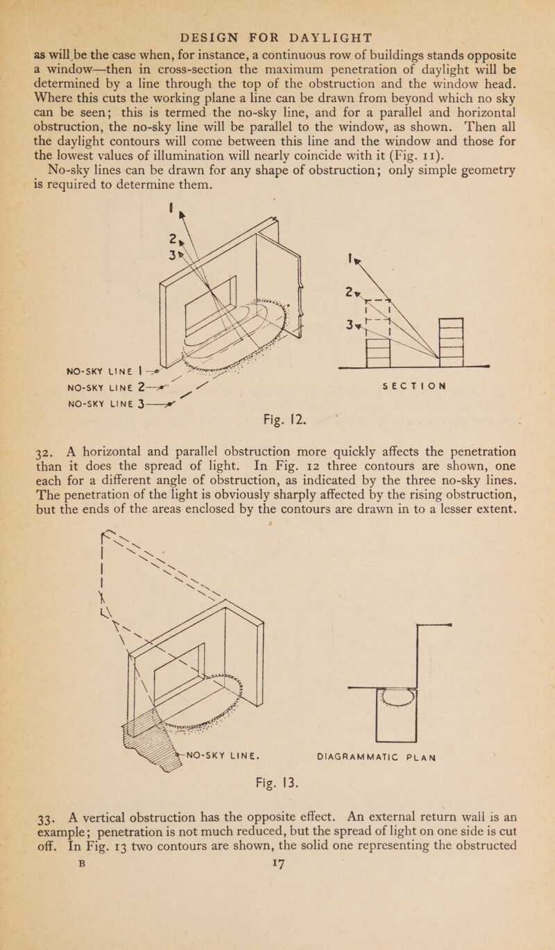 &lt; DESIGN FOR DAYLIGHT as will be the case when, for instance, a continuous row of buildings stands opposite a window—then in cross-section the maximum penetration of daylight will be determined by a line through the top of the obstruction and the window head. Where this cuts the working plane a line can be drawn from beyond which no sky can be seen; this is termed the no-sky line, and for a parallel and horizontal obstruction, the no-sky line will be parallel to the window, as shown. Then all the daylight contours will come between this line and the window and those for the lowest values of illumination will nearly coincide with it (Fig. 11). No-sky lines can be drawn for any shape of obstruction; only simple geometry  NO-SKY LINE |e ree ee NO-SKY LINE 2-——=* Pit SECTION NO-SKY LINE 3—— Fig.:12. 32. A horizontal and parallel obstruction more quickly affects the penetration than it does the spread of light. In Fig. 12 three contours are shown, one each for a different angle of obstruction, as indicated by the three no-sky lines. The penetration of the light is obviously sharply affected by the rising obstruction, but the ends of the areas enclosed by the contours are drawn in to a lesser extent. £ &lt;= a Ss | ‘ PN \; eee    NO-SKY LINE. DIAGRAMMATIC PLAN Fig. 43. 33. A vertical obstruction has the opposite effect. An external return wall is an example; penetration is not much reduced, but the spread of light on one side is cut off. In Fig. 13 two contours are shown, the solid one representing the obstructed