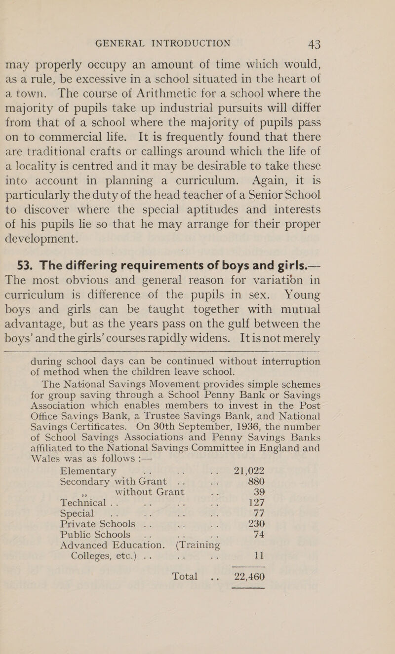 may properly occupy an amount of time which would, as a rule, be excessive in a school situated in the heart of a town. The course of Arithmetic for a school where the majority of pupils take up industrial pursuits will differ from that of a school where the majority of pupils pass on to commercial life. It is frequently found that there are traditional crafts or callings around which the life of a locality is centred and it may be desirable to take these into account in planning a curriculum. Again, it is particularly the duty of the head teacher of a Senior School to discover where the special aptitudes and interests of his pupils lie so that he may arrange for their proper development. 53. The differing requirements of boys and girls.— The most obvious and general reason for variation in curriculum is difference of the pupils in sex. Young boys and girls can be taught together with mutual advantage, but as the years pass on the gulf between the boys’ and the girls’ courses rapidly widens. Itisnot merely during school days can be continued without interruption of method when the children leave school. The National Savings Movement provides simple schemes for group saving through a School Penny Bank or Savings Association which enables members to invest in the Post Office Savings Bank, a Trustee Savings Bank, and National Savings Certificates. On 30th September, 1936, the number of School Savings Associations and Penny Savings Banks affiliated to the National Savings Committee in England and Wales was as follows :— Elementary oe a we 215022 Secondary withGrant .. + 880 * without Gran be 39 Technical . . af re ae 127 Special? =). Fe uA a. AE Private Schools .. we i 230 Public-Schools: ...; st i 74 Advanced Education. (Training Colleges, etc.) .. y: re 11  Total’... ~22;460 