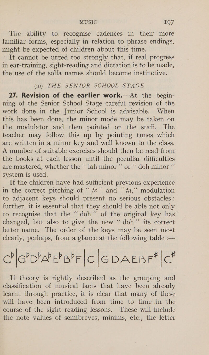 The ability to recognise cadences in their more familiar forms, especially in relation to phrase endings, might be expected of children about this time. - It cannot be urged too strongly that, if real progress in ear-training, sight-reading and dictation is to be made, the use of the solfa names should become instinctive. Gi) THE. SENIOR SCHOOL STAGE 27. Revision of the earlier work.—At the begin- ning of the Senior School Stage careful revision of the work done in the Junior School is advisable. When this has been done, the minor mode may be taken on the modulator and then pointed on the staff. The teacher may follow this up by pointing tunes which are written in a minor key and well known to the class. A number of suitable exercises should then be read from the books at each lesson until the peculiar difficulties are mastered, whether the “ lah minor ”’ or “‘ doh minor ”’ system is used. If the children have had sufficient previous experience in the correct pitching of “ fe”’ and “ ¢a,’’ modulation to adjacent keys should present no serious obstacles : further, it is essential that they should be able not only to recognise that the “doh” of the original key has changed, but also to give the new “‘doh”’ its correct letter name. The order of the keys may be seen most clearly, perhaps, from a glance at the following table :— +?) CD ABBR eG.   C?lghDParePBPF|c If theory is rightly described as the grouping and classification of musical facts that have been already learnt through practice, it is clear that many of these will have been introduced from time to time in the course of the sight reading lessons. These will include the note values of semibreves, minims, etc., the letter