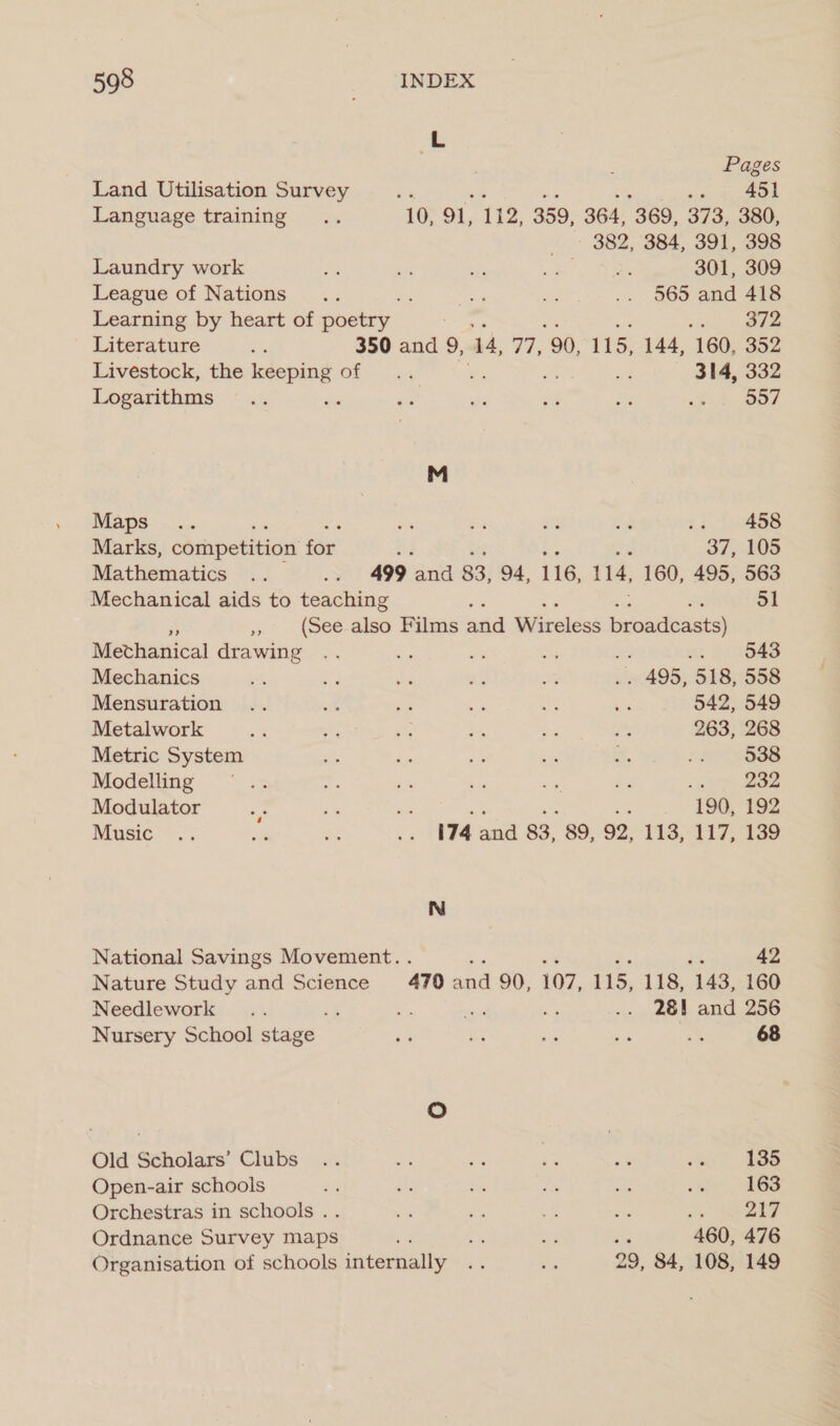 i ; Pages Land Utilisation Survey : ~o «, £01 Language training .. 10, 91, 112, 359, 364, 369, 373, 380, 382, 384, 391, 398 Laundry work fa be Siz om = ee 301, 309 League of Nations .. ; - se .. 9565 and 418 Learning by heart of poetry oon eee Literature ne 350 and 9, 14, 77, 90, 115, 144, 160, 352 Livestock, the ee OEP Tat 5 oe 314, 332 Logarithms... ‘ ee a ed see op iP ced M MADS :— <5. ers ar as a 14 158 Marks, competition for i : 37, 105 Mathematics .. > 499 and 83, 94, 116, 114, 160, 495, 563 Mechanical aids to teaching : a 51 ii eee also Films arid Bivivcless broadcasts) Methanical drawing .. - ae st .. 543 Mechanics a4 3 ne es Fe . 495, 518, 558 Mensuration .. us vs oe Ae ¥, 542, 549 Metalwork a Ay m2 sa o. it 263, 268 Metric System as dp re + a. oe p83s Modeling: ~~. 42 ie 5 6 = he < is 8 leas Modulator * ste a 190, 192 MUSIC: .. ste < i 174 aud 83, 89, 92, 113, 117, 139 N National Savings Movement. ek 42 Nature Study and Science 470 and 90, 107, 115, 118, 143, 160 Needlework... ik a mo - .. 281 and 256 Nursery School stage as Re a2 ey * 68 Oo Old Scholars’ Clubs .. “a a ie: ft ee Open-air schools % hs oe a ae oth DGS Orchestras in schools .. 5% ox ee sig on ee Ae Ordnance Survey maps <. 4 7 he 460, 476 Organisation of schools internally .. es 29, 84, 108, 149