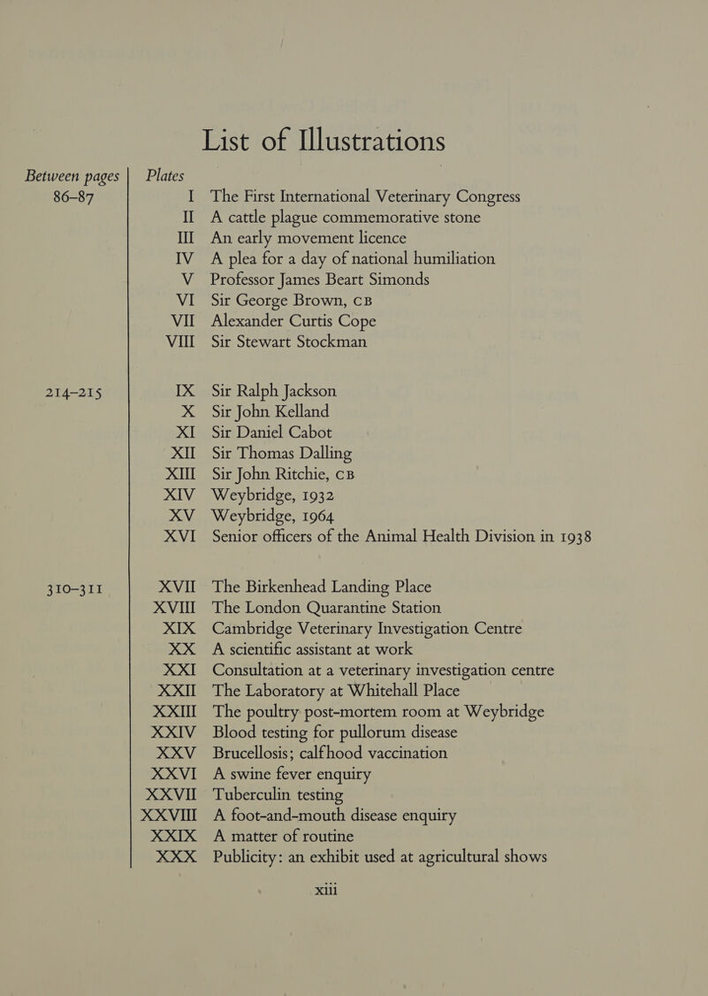 Between pages | Plates 86-87 I II Il IV V VI Vil Vill 214-215 [IX XI XIl XII XIV XV XVI XVII XVII XIX 310-311 XXI XXII XXIII XXIV XXV XXVI XXVIII XXVIII XXIX XXX The First International Veterinary Congress A cattle plague commemorative stone An early movement licence A plea for a day of national humiliation Professor James Beart Simonds Sir George Brown, CB Alexander Curtis Cope Sir Stewart Stockman Sir Ralph Jackson Sir John Kelland Sir Daniel Cabot Sir Thomas Dalling Sir John Ritchie, cB Weybridge, 1932 Weybridge, 1964 Senior officers of the Animal Health Division in 1938 The Birkenhead Landing Place The London Quarantine Station Cambridge Veterinary Investigation Centre A scientific assistant at work Consultation at a veterinary investigation centre The Laboratory at Whitehall Place The poultry post-mortem room at Weybridge Blood testing for pullorum disease Brucellosis; calfhood vaccination A swine fever enquiry Tuberculin testing A foot-and-mouth disease enquiry A matter of routine Publicity: an exhibit used at agricultural shows Xill
