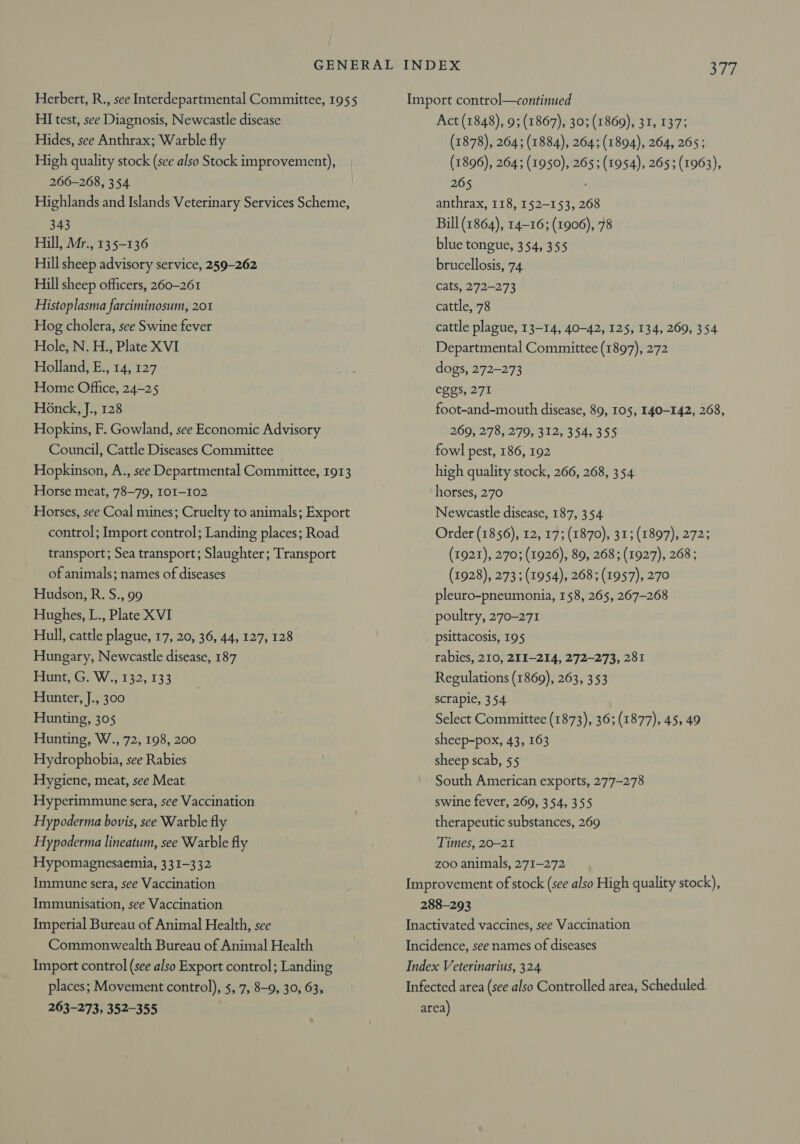 Herbert, R., see Interdepartmental Committee, 1955 HI test, see Diagnosis, Newcastle disease Hides, see Anthrax; Warble fly High quality stock (see also Stock improvement), 266-268, 354 Highlands and Islands Veterinary Services Scheme, 343 Hill, Mr., 135-136 Hill sheep advisory service, 259-262 Hill sheep officers, 260-261 Histoplasma farciminosum, 201 Hog cholera, see Swine fever Hole, N. H., Plate XVI Holland, E., 14, 127 Home Office, 24-25 Honck, J., 128 Hopkins, F. Gowland, see Economic Advisory Council, Cattle Diseases Committee Hopkinson, A., see Departmental Committee, 1913 Horse meat, 78-79, 101-102 - Horses, see Coal mines; Cruelty to animals; Export control; Import control; Landing places; Road transport; Sea transport; Slaughter; Transport of animals; names of diseases Hudson, R. S., 99 Hughes, L., Plate XVI Hull, cattle plague, 17, 20, 36, 44, 127, 128 Hungary, Newcastle disease, 187 Hunt, G. W., 132, 133 Hunter, J., 300 Hunting, 305 Hunting, W., 72, 198, 200 Hydrophobia, see Rabies Hygiene, meat, see Meat Hyperimmune sera, see Vaccination Hypoderma bovis, see Warble fly Hypoderma lineatum, see Warble fly Hypomagnesaemia, 331-332 Immune sera, see Vaccination Immunisation, see Vaccination Imperial Bureau of Animal Health, see Commonwealth Bureau of Animal Health Import control (see also Export control; Landing places; Movement control), 5, 7, 8-9, 30, 63, 263-273, 352-355 Import control—continued Act (1848), 9; (1867), 30; (1869), 31, 137; (1878), 264; (1884), 264; (1894), 264, 265; (1896), 264; (1950), 265; (1954), 265; (1963), 265 ‘ anthrax, 118, 152-153, 268 Bill (1864), 14-16; (1906), 78 blue tongue, 354, 355 brucellosis, 74 cats, 272-273 cattle, 78 cattle plague, 13-14, 40-42, 125, 134, 269, 354 Departmental Committee (1897), 272 dogs, 272-273 eggs, 271 foot-and-mouth disease, 89, 105, 140-142, 268, 269, 278, 279, 312, 354, 355 fowl pest, 186, 192 high quality stock, 266, 268, 354 horses, 270 Newcastle disease, 187, 354 Order (1856), 12, 17; (1870), 31; (1897), 272; (1921), 270; (1926), 89, 268; (1927), 268; (1928), 273; (1954), 268; (1957), 270 pleuro-pneumonia, 158, 265, 267-268 poultry, 270-271 | psittacosis, 195 rabies, 210, 211-214, 272-273, 281 Regulations (1869), 263, 353 scrapie, 354 Select Committee (1873), 36; (1877), 45, 49 sheep-pox, 43, 163 sheep scab, $5 South American exports, 277-278 swine fever, 269, 354, 355 therapeutic substances, 269 Times, 20-21 zoo animals, 271-272 Improvement of stock (see also High quality stock), 288-292 Inactivated vaccines, see Vaccination Incidence, see names of diseases Index Veterinarius, 324 Infected area (see also Controlled area, Scheduled area)