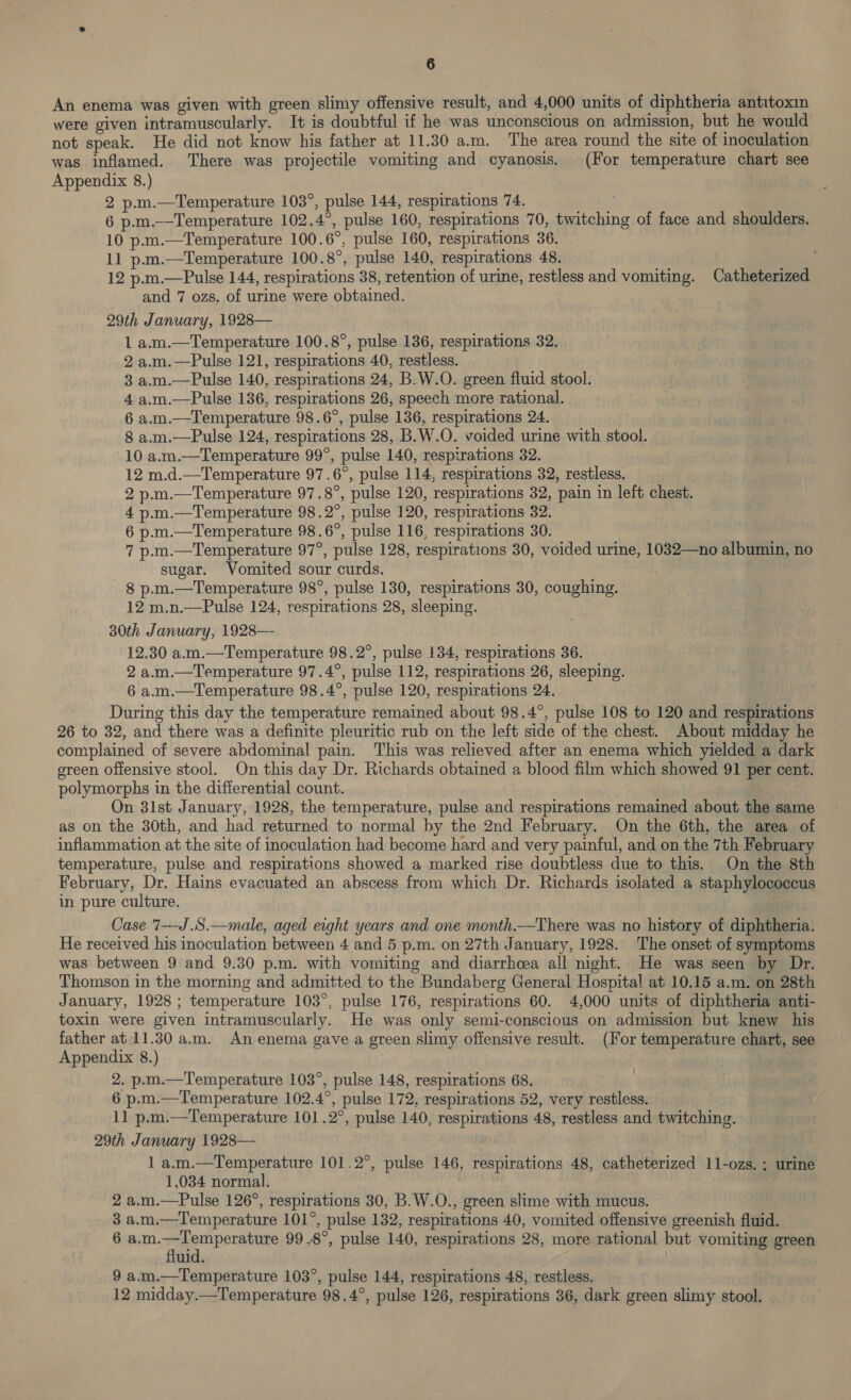 An enema was given with green slimy offensive result, and 4,000 units of diphtheria antitoxin were given intramuscularly. It is doubtful if he was unconscious on admission, but he would not speak. He did not know his father at 11.30 a.m. The area round the site of inoculation was inflamed. There was projectile vomiting and cyanosis. (For temperature chart see Appendix 8.) 2 p.m.—Temperature 103°, pulse 144, respirations 74. 6 p.m.—Temperature 102.4°, pulse 160, respirations 70, twitching of face and shoulders. 10 p.m.—Temperature 100.6°, pulse 160, respirations 36. 11 p.m.—Temperature 100.8°, pulse 140, respirations 48. 12 p.m.—Pulse 144, respirations 38, retention of urine, restless and vomiting. Catheterized and 7 ozs, of urine were obtained. 3 29th January, 1928— 1 a.m.—Temperature 100.8°, pulse 136, respirations 32. 2 a.m.—Pulse 121, respirations 40, restless. 3 a.m.—Pulse 140, respirations 24, B.W.O. green fluid stool. 4 a.m.—Pulse 136, respirations 26, speech more rational. 6 a.m.—Tlemperature 98.6°, pulse 136, respirations 24. 8 a.m.—Pulse 124, respirations 28, B.W.O. voided urine with stool. 10 a.m.—Temperature 99°, pulse 140, respirations 32. 12 m.d.—Temperature 97.6°, pulse 114, respirations 32, restless. 2 p.m.—Temperature 97.8°, pulse 120, respirations 32, pain in left chest. 4 p.m.—Temperature 98.2°, pulse 120, respirations 32. 6 p.m.—Temperature 98.6°, pulse 116, respirations 30. 7 p.m.—Temperature 97°, pulse 128, respirations 30, voided urine, 1032—no albumin, no sugar. Vomited sour curds. 8 p.m.—Temperature 98°, pulse 130, respirations 30, coughing. 12 m.n.—Pulse 124, respirations 28, sleeping. 30th January, 1928— 12.30 a.m.—Temperature 98.2°, pulse 134, respirations 36. 2 a.m.—Temperature 97.4°, pulse 112, respirations 26, sleeping. 6 a.m.—Temperature 98.4°, pulse 120, respirations 24. During this day the temperature remained about 98.4°, pulse 108 to 120 and respirations 26 to 32, and there was a definite pleuritic rub on the left side of the chest. About midday he complained of severe abdominal pain. This was relieved after an enema which yielded a dark green offensive stool. On this day Dr. Richards obtained a blood film which showed 91 per cent. polymorphs in the differential count. On 31st January, 1928, the temperature, pulse and respirations remained about the same as on the 30th, and had returned to normal by the 2nd February. On the 6th, the area of inflammation at the site of inoculation had become hard and very painful, and on the 7th February temperature, pulse and respirations showed a marked rise doubtless due to this. On the 8th February, Dr. Hains evacuated an abscess from which Dr. Richards isolated a staphylococcus in pure culture. Case 7—J.S.—male, aged eight years and one month.—There was no history of diphtheria. He received his inoculation between 4 and 5 p.m. on 27th January, 1928. The onset of symptoms was between 9 and 9.30 p.m. with vomiting and diarrhoea all night. He was seen by Dr. Thomson in the morning and admitted to the Bundaberg General Hospital at 10.15 a.m. on 28th January, 1928; temperature 103°, pulse 176, respirations 60. 4,000 units of diphtheria anti- toxin were given intramuscularly. He was only semi-conscious on admission but knew his father at 11.30 a.m. An enema gave a green slimy offensive result. (For temperature chart, see Appendix 8.) 2. p.m.—Temperature 103°, pulse 148, respirations 68. 6 p.m.—Temperature 102.4°, pulse 172, respirations 52, very restless. 11 p.m.—Temperature 101.2°, pulse 140, respirations 48, restless and twitching. 29th January 1928— me 1 a.m.—Temperature 101.2°, pulse 146, respirations 48, catheterized 11-ozs. ; urine 1,034 normal. 2 a.m.—Pulse 126°, respirations 30, B.W.O., green slime with mucus. 3 a.m.—Temperature 101°, pulse 132, respirations 40, vomited offensive greenish fluid. 6 PEL ap eneTatta 99 8°, pulse 140, respirations 28, more rational but vomiting green uid. 9 a.m.—Temperature 103°, pulse 144, respirations 48, restless. 12 midday.—Temperature 98.4°, pulse 126, respirations 36, dark green slimy stool. |