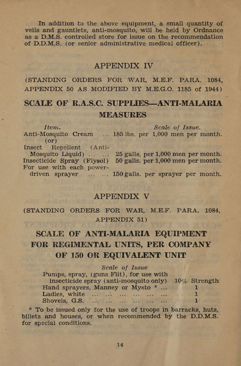 In addition to the ahove equipment, a small quantity of veils and gauntlets, anti-mosquito, will be held by Ordnance as a D.M.S. controlled store for issue on the recommendation of D.D.M.S. (or senior administrative medical officer). ; APPENDIX IV (STANDING ORDERS FOR WAR, M.E.F. PARA. 1084, APPENDIX 50 AS MODIFIED BY M.E.G.O. 1185 of 1944) SCALE OF R.A.S.C. SUPPLIES—ANTI-MALARIA MEASURES Item. Scale of Issue. Anti-Mosquito Cream... 185 lbs. per 1,000 men per month. (or) Insect Repellent (Anti- Mosquito Liquid) ... ... 25 galls. per 1,000 men per month. Insecticide Spray (Flysol) 50 galls. per 1,000 men per month. For use with each power- driven sprayer ..._... 150 galls. per sprayer per month. APPENDIX V (STANDING ORDERS FOR WAR, M.E.F. PARA. 1084, APPENDIX 51) SCALE OF ANTI-MALARIA EQUIPMENT FOR REGIMENTAL UNITS, PER COMPANY OF 150 OR EQUIVALENT UNIT Scale of Issue Pumps, spray, (guns Flit), for use with insecticide spray (anti-mosquitoonly) 10% Strength Hand sprayers, Manney or Mysto * ... 1 Toadies, Whites XA \se-- ss +s Oaehs cae pi Shovels) .GiS2.. 220. h.,.0- i Ongngrtar 1 * To be issued only for the use of troops in barracks, huts, billets and houses, or when recommended by the D.D.M.S. for special conditions.