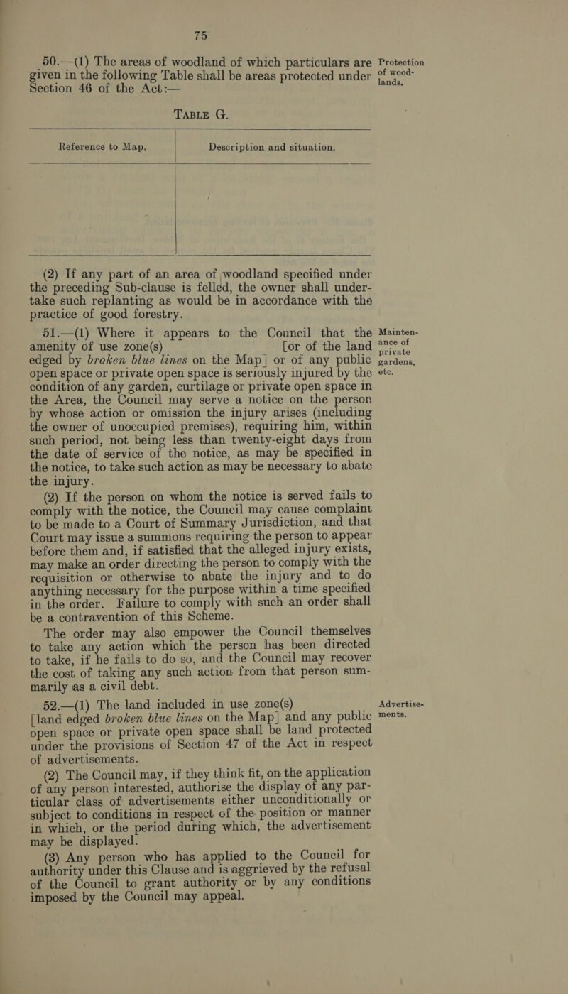 50.—(1) The areas of woodland of which particulars are Section 46 of the Act :— TABLE G. Reference to Map. Description and situation.    (2) If any part of an area of woodland specified under the preceding Sub-clause is felled, the owner shall under- take such replanting as would be in accordance with the practice of good forestry. 51.—(1) Where it appears to the Council that the amenity of use zone(s) [or of the land edged by broken blue lines on the Map| or of any public open space or private open space is seriously injured by the condition of any garden, curtilage or private open space in the Area, the Council may serve a notice on the person by whose action or omission the injury arises (including the owner of unoccupied premises), requiring him, within such period, not being less than twenty-eight days trom the date of service of the notice, as may be specified in the notice, to take such action as may be necessary to abate the injury. (2) If the person on whom the notice is served fails to comply with the notice, the Council may cause complaint to be made to a Court of Summary Jurisdiction, and that Court may issue a summons requiring the person to appear before them and, if satisfied that the alleged injury exists, may make an order directing the person to comply with the requisition or otherwise to abate the injury and to do anything necessary for the purpose within a time specified in the order. Failure to comply with such an order shall be a contravention of this Scheme. The order may also empower the Council themselves to take any action which the person has been directed to take, if he fails to do so, and the Council may recover the cost of taking any such action from that person sum- marily as a civil debt. 52.—(1) The land included in use zone(s) [land edged broken blue lines on the Map] and any public Open space or private open space shall be land protected under the provisions of Section 47 of the Act in respect of advertisements. (2) The Council may, if they think fit, on the application of any person interested, authorise the display of any par- ticular class of advertisements either unconditionally or subject to conditions in respect of the position or manner in which, or the period during which, the advertisement may be displayed. (3) Any person who has applied to the Council for authority under this Clause and is aggrieved by the refusal of the Council to grant authority or by any conditions imposed by the Council may appeal. | Protection Ss. Mainten- ance of private gardens, ete. Advertise- ments.