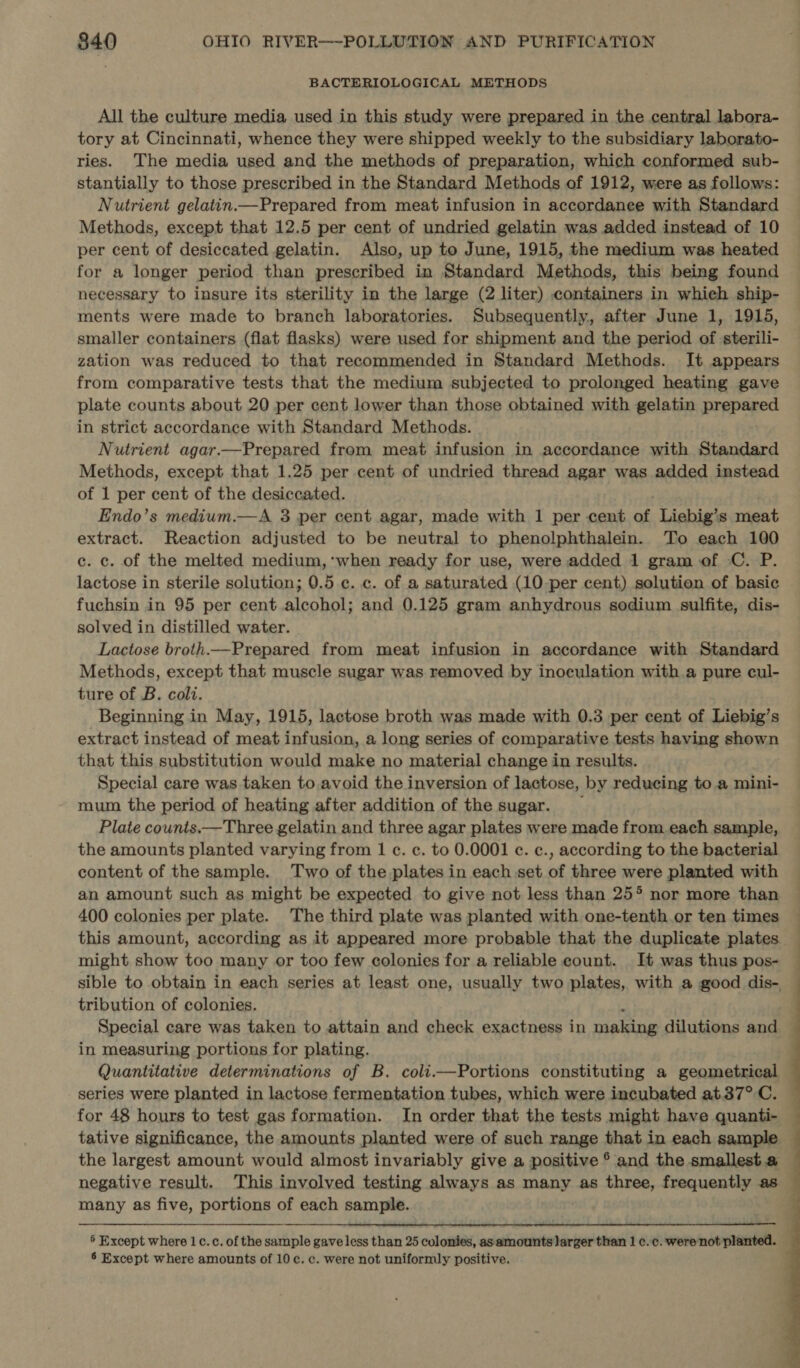 BACTERIOLOGICAL METHODS All the culture media used in this study were prepared in the central labora- tory at Cincinnati, whence they were shipped weekly to the subsidiary laborato- ries. The media used and the methods of preparation, which conformed sub- stantially to those prescribed in the Standard Methods of 1912, were as follows: Nutrient gelatin.—Prepared from meat infusion in accordanee with Standard Methods, except that 12.5 per cent of undried gelatin was added instead of 10 per cent of desiccated gelatin. Also, up to June, 1915, the medium was heated for a longer period than prescribed in Standard Methods, this being found necessary to insure its sterility in the large (2 liter) containers in whieh ship- ments were made to branch laboratories. Subsequently, after June 1, 1915, smaller containers (flat flasks) were used for shipment and the period of sterili- zation was reduced to that recommended in Standard Methods. It appears from comparative tests that the medium subjected to prolonged heating gave plate counts about 20 per cent lower than those obtained with gelatin prepaged in strict accordance with Standard Methods. Nutrient agar.—Prepared from meat infusion in accordance aith. Standard Methods, except that 1.25 per cent of undried thread agar was added instead of 1 per cent of the desiccated. Endo’s medium.—A 3 per cent agar, made with 1 per cent of Liebig’s meat extract. Reaction adjusted to be neutral to phenolphthalein. To each 100 ce. c. of the melted medium, ‘when ready for use, were added 1 gram of C. P. lactose in sterile solution; 0.5 c. c. of a saturated (10-per cent) solution of basic fuchsin in 95 per cent alcohol; and 0.125 gram anhydrous sodium sulfite, dis- solved in distilled water. Lactose broth. Prepared from meat infusion in accordance with Standard Methods, except that muscle sugar was removed by inoculation with a pure cul- ture of B. colt. Beginning in May, 1915, lactose broth was made with 0.3 per cent of Liebig’s extract instead of meat infusion, a long series of comparative tests having shown that this substitution would make no material change in results. Special care was taken to avoid the inversion of lactose, by reducing to a mini- mum the period of heating after addition of the sugar. Plate counts.—Three gelatin and three agar plates were made from each sample, the amounts planted varying from 1 ¢. c. to 0.0001 ¢. c., according to the bacterial content of the sample. Two of the plates in each set of three were planted with an amount such as might be expected to give not less than 25° nor more than 400 colonies per plate. The third plate was planted with one-tenth.or ten times this amount, according as it appeared more probable that the duplicate plates might show too many or too few colonies for a reliable count. It was thus pos- sible to obtain in each series at least one, usually two plates, with a good dis-. tribution of colonies. Special care was taken to attain and check exactness in meets ine dilutions and in measuring portions for plating. Quantitative determinations of B. coli.—Portions constituting a geometrical series were planted in lactose fermentation tubes, which were incubated at37°C. — for 48 hours to test gas formation. In order that the tests might have quanti- tative significance, the amounts planted were of such range that in each sample the largest amount would almost invariably give a positive ®° and the smallest a negative result. This involved testing always as many as three, frequently as many as five, portions of each sample.  5 Except where 1c.c. of the sample gave less than 25 colonies, as amounts larger than 1 c.c. were not planted. 6 Except where amounts of 10 c. c. were not uniformly positive. 