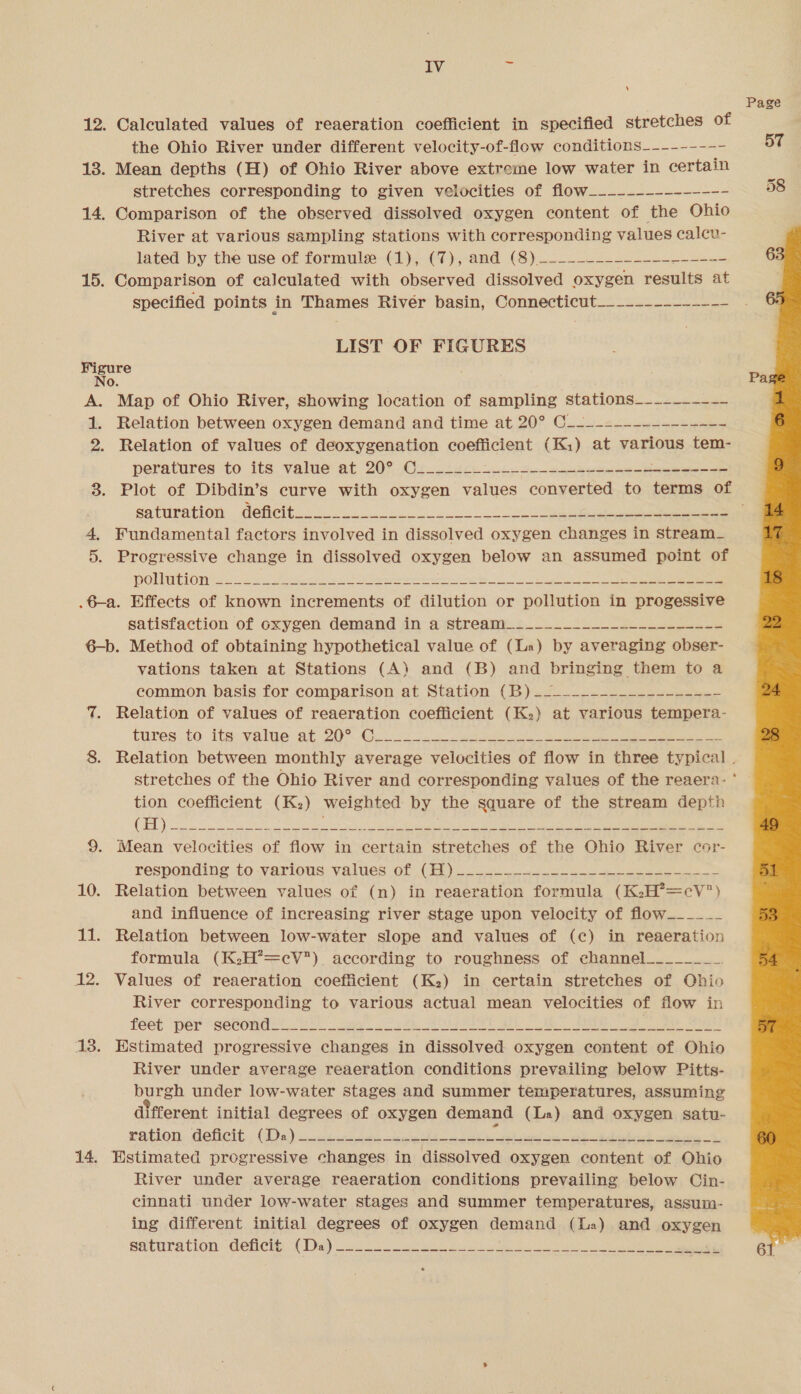 IV a ‘ 12. Calculated values of reaeration coefficient in specified stretches of the Ohio River under different velocity-of-flow conditions_------~- 18. Mean depths (H) of Ohio River above extreme low water in eertain stretches corresponding to given velocities of flow_-__-----~------ 14. Comparison of the observed dissolved oxygen content of the Ohio River at various sampling stations with corresponding values calcu- lated by the use of formuls (1), (7), and (8)~------------------- 15. Comparison of calculated with observed dissolved oxygen regults at specified points in Thames River basin, Connecticut___----------- LIST OF FIGURES Figure No. A. Map of Ohio River, showing location of sampling stations_-_-_-__-____ 1. Relation between oxygen demand and time at 20° C_-_-=-----------~ 2. Relation of values of deoxygenation coefficient (Ki) at various tem- peratures ‘to its. value at 20° Ov i2s¢. U1, ss eee ee pee saturation. defieibicc. 2 jn oe ke ee 4, Fundamental factors involved in dissolved oxygen changes in stream_ 5. Progressive change in dissolved oxygen below an assumed point of DONWON 22 5k es .6-a. Effects of known increments of dilution or pollution in progessive satisfaction of oxygen demand in a stream______________-____----- 6—b. Method of obtaining hypothetical value of (La) by averaging obser- vations taken at Stations (A) and (B) and bringing them to a eommon, basis, for comparison at, Station. (B).2.-2 2) = 7. Relation of values of reaeration coefficient (K:) at various tempera- tures. to its: value ob 20: Ce er ee tion coefficient (K2) weighted by the square of the stream depth © E ee ee em ee ese ORY EIR LS Haine UE eee ee 9. Mean velocities of flow in certain stretches of the Ohio River cor- responding to various: values Gt (id) o en ee eee 10. Relation between values of (n) in reaeration formula (K:H’=cY) and influence of increasing river stage upon velocity of flow______ 11. Relation between low-water slope and values of (c) in reaeration formula (K:H’=cV). according to roughness of channel________. 12. Values of reaeration coefficient (K.) in certain stretches of Ohio River corresponding to various actual mean velocities of flow in feet ‘por “seCOnMAL 1s See ath tN PE ae 13. Estimated progressive changes in dissolved oxygen content of Ohio River under average reaeration conditions prevailing below Pitts- burgh under low-water stages and summer temperatures, assuming different initial degrees of oxygen demand (La) and oxygen satu- ration, deficit, (Ds) -uweisnede ool ht oul ae ec ek 6 litt oie ne 14. Estimated progressive changes in dissolved oxygen content of Ohio River under average reaeration conditions prevailing below Cin- cinnati under low-water stages and Summer temperatures, assum- ing different initial degrees of oxygen demand (La) and oxygen BAturation: aMenene. CTW a) ae ei es a ee ee wd &amp; Page 