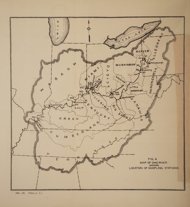  FIG. A MAP OF OHIO RIVER  —- LOCATION OF SAMPLING STATIONS . oJ. su prawn, poccene™ M aa - of  le  Evansvi =. ~ ' . r e ¢ ef: {   a?*. a Sy !  Mp ot nt” “ily Y ao “ (Face p. 1.) 999—25.