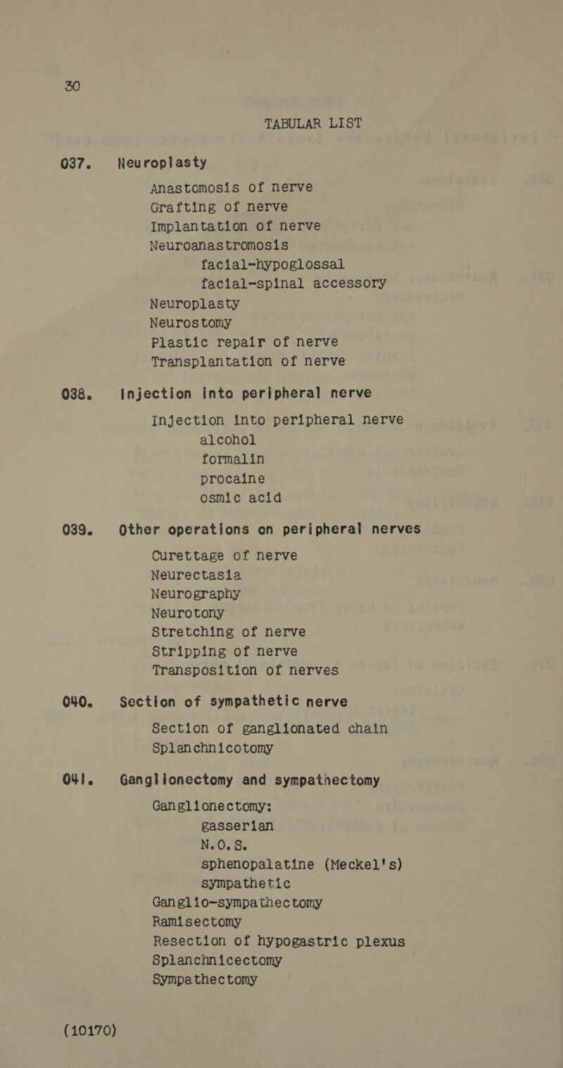 037. 038. 033. 040. O4l. (10170) TABULAR LIST Anastomosis of nerve Grafting of nerve Implantation of nerve Neuroanastromosis facial-hypoglossal facial-spinal accessory Neuroplasty Neuros tomy Plastic repair of nerve Transplantation of nerve Injection into peripheral nerve alcohol formalin procaine osmic acid Curettage of nerve Neurectasla Neurography Neurotony Stretching of nerve Stripping of nerve Transposition of nerves Section of ganglionated chain Splanchnicotomy Ganglionectomy: gasserian N.0.S. sphenopalatine (Meckel's) sympathetic Gan glio=-sympa thec tomy Ramisectomy Resection of hypogastric plexus Splanchnicectomy Sympa thec tomy