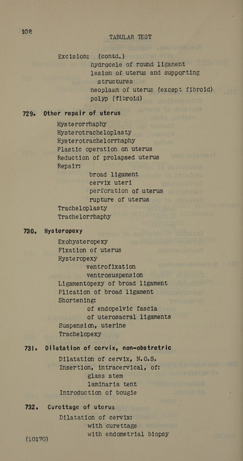 TABULAR TEST Excision: (contd.) hydrocele of round ligament lesion of uterus and supporting structures neoplasm of uterus (except fibroid) polyp (fibroid) 729 Other repair of uterus Hys terorrhaphy Hysterotracheloplasty Hysterotrachelorrhaphy Plastic operation on uterus Reduction of prolapsed uterus Repair: broad ligament cervix uteri perforation of uterus rupture of uterus Tracheloplasty Trachelorrhaphy 730. Hysteropexy Exohysteropexy Fixation of uterus Hysteropexy ventrofixation ventrosuspens ion Ligamentopexy of broad ligament Plication of broad ligament Shortening: of endopelvic fascia of uterosacral ligaments Suspension, uterine Trachelopexy 731. Dilatation of cervix, non&lt;obstretric Dilatation of cervix, N.0.S. Insertion, intracervical, of: glass stem laminaria tent Introduction of bougie 732. Curettage of uterus Dilatation of cervix: with curettage with endometrial biops (10170) sey