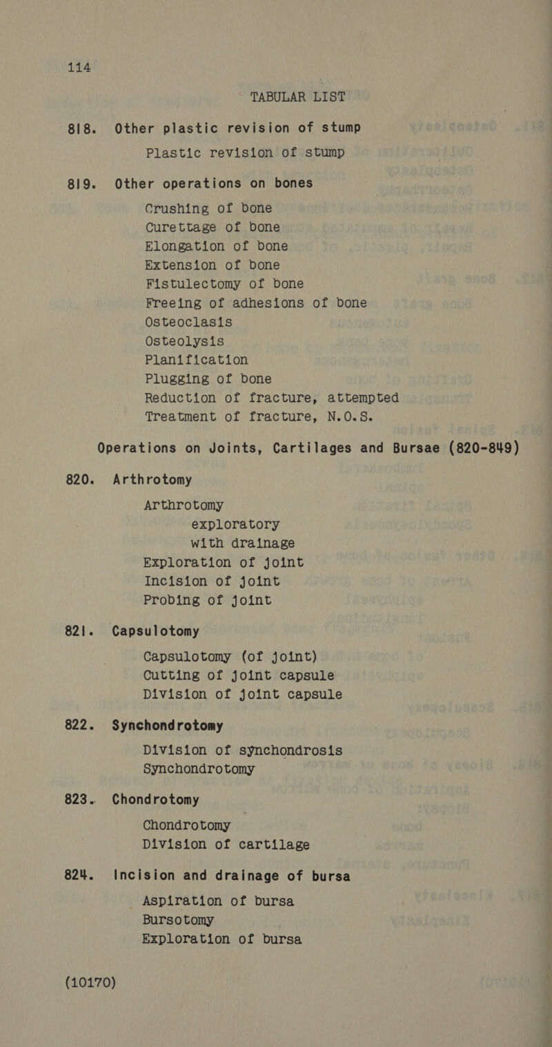 TABULAR LIST 818. Other plastic revision of stump Plastic revision of stump 819. Other operations on bones Crushing of Done Curettage of bone Elongation of bone Extension of bone Fistulectomy of bone Freeing of adhesions of bone Osteoclasis Osteolysis Planification Plugging of bone Reduction of fracture, attempted Treatment of fracture, N.O.S. Operations on Joints, Cartilages and Bursae (820-849) 820. Arthrotomy Arthrotomy exploratory with drainage Exploration of joint Incision of joint Probing of joint 821. Capsulotomy Capsulotomy (of joint) Cutting of joint capsule Division of joint capsule 822. Synchondrotomy Division of synchondrosis Synchondrotomy 823.. Chondrotomy Chondrotomy Division of cartilage 824. Incision and drainage of bursa _ Aspiration of bursa Bursotomy Exploration of bursa (10170)