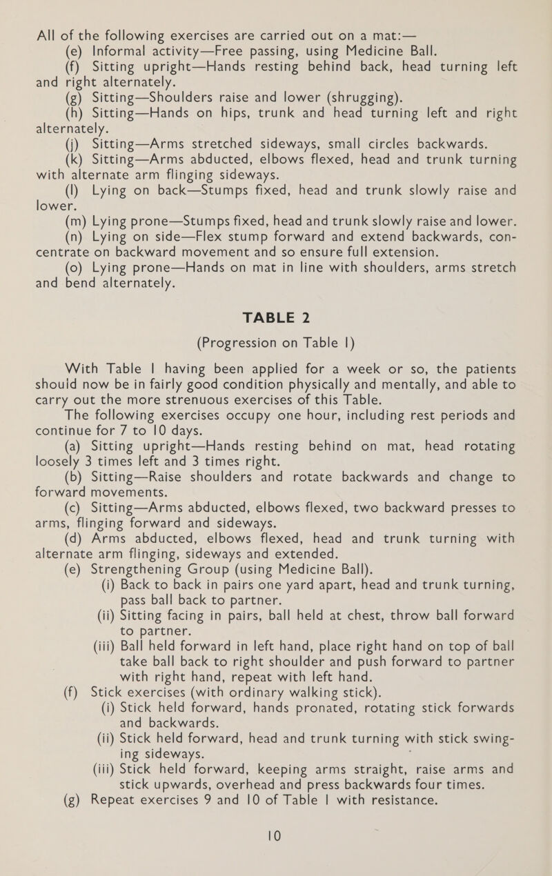 All of the following exercises are carried out on a mat:— (e) Informal activity—Free passing, using Medicine Ball. (f) Sitting upright—Hands resting behind back, head turning left and right alternately. (g) Sitting—Shoulders raise and lower (shrugging). (h) Sitting—Hands on hips, trunk and head turning left and right alternately. (j) Sitting—Arms stretched sideways, small circles backwards. (k) Sitting—Arms abducted, elbows flexed, head and trunk turning with alternate arm flinging sideways. (l) Lying on back—Stumps fixed, head and trunk slowly raise and lower. (m) Lying prone—Stumps fixed, head and trunk slowly raise and lower. (n) Lying on side—Flex stump forward and extend backwards, con- centrate on backward movement and so ensure full extension. (0) Lying prone—Hands on mat in line with shoulders, arms stretch and bend alternately. TABLE 2 (Progression on Table 1) With Table | having been applied for a week or so, the patients shouid now be in fairly good condition physically and mentally, and able to carry out the more strenuous exercises of this Table. The following exercises occupy one hour, including rest periods and continue for 7 to I0 days. (a) Sitting upright—Hands resting behind on mat, head rotating loosely 3 times left and 3 times right. (b) Sitting—Raise shoulders and rotate backwards and change to forward movements. (c) Sitting—Arms abducted, elbows flexed, two backward presses to arms, flinging forward and sideways. (d) Arms abducted, elbows flexed, head and trunk turning with alternate arm flinging, sideways and extended. (e) Strengthening Group (using Medicine Ball). (i) Back to back in pairs one yard apart, head and trunk turning, pass ball back to partner. (ii) Sitting facing in pairs, ball held at chest, throw ball forward to partner. (iii) Ball held forward in left hand, place right hand on top of ball take ball back to right shoulder and push forward to partner with right hand, repeat with left hand. (f) Stick exercises (with ordinary walking stick). (i) Stick held forward, hands pronated, rotating stick forwards and backwards. (ii) Stick held forward, head and trunk turning with stick swing- ing sideways. : (iii) Stick held forward, keeping arms straight, raise arms and stick upwards, overhead and press backwards four times. (g) Repeat exercises 9 and 10 of Table | with resistance.