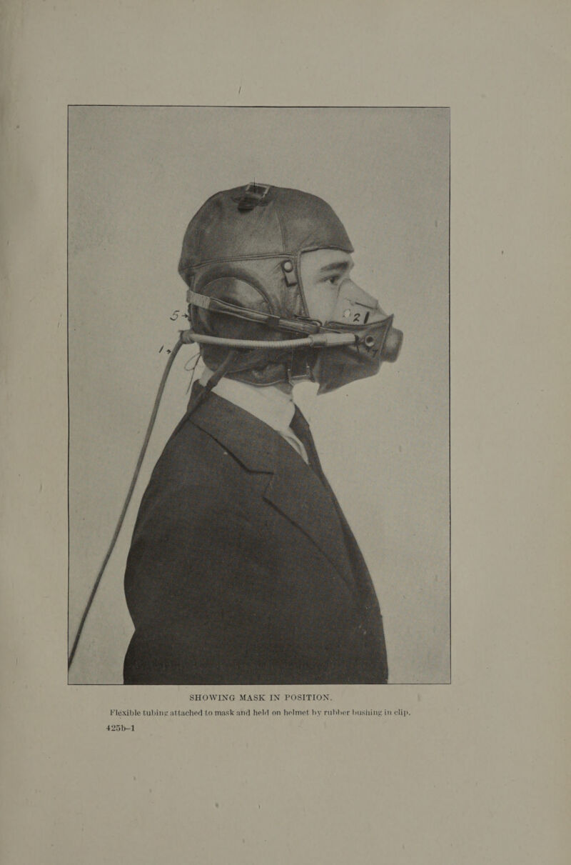  Flexible tubing attached to mask and held on helmet by rubber bushing in clip. 425b-1