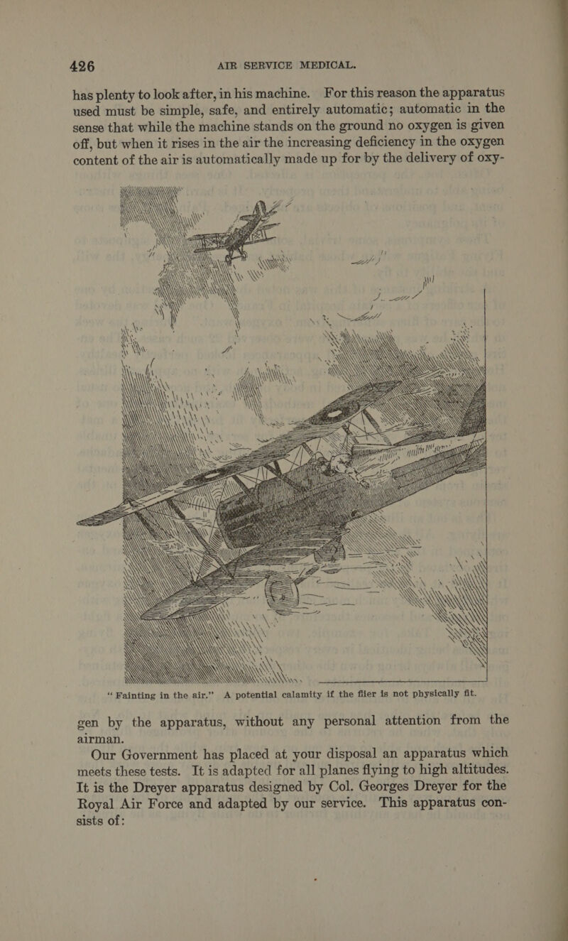 has plenty to look after, in his machine. For this reason the apparatus used must be simple, safe, and entirely automatic; automatic in the sense that while the machine stands on the ground no oxygen is given off, but when it rises in the air the increasing deficiency in the oxygen content of the air is automatically made up for by the delivery of oxy-               os fa -_ ff \ oe oe ‘ Fe aS +) ANION _ a SN peak 1 ae ) \ oe hounk fis// ; Ry oe ; att a \ A r 4 : waa tite 3 AY . as | ae \\ “ \ en : “i oo 3 es gon Naar INA \\) oP          \ => \ : \ ~~ ‘ x WMQYY Sy Pes TP Pagel: AQ oo A ‘ \ AW \ WS XX SS | A N UM. . “Fainting in the air.” A potential calamity if the fiier is not physically fit. gen by the apparatus, without any personal attention from the airman. . Our Government has placed at your disposal an apparatus which | meets these tests. It is adapted for all planes flying to high altitudes. | It is the Dreyer apparatus designed by Col. Georges Dreyer for the Royal Air Force and adapted by our service. This apparatus con- | sists of: 