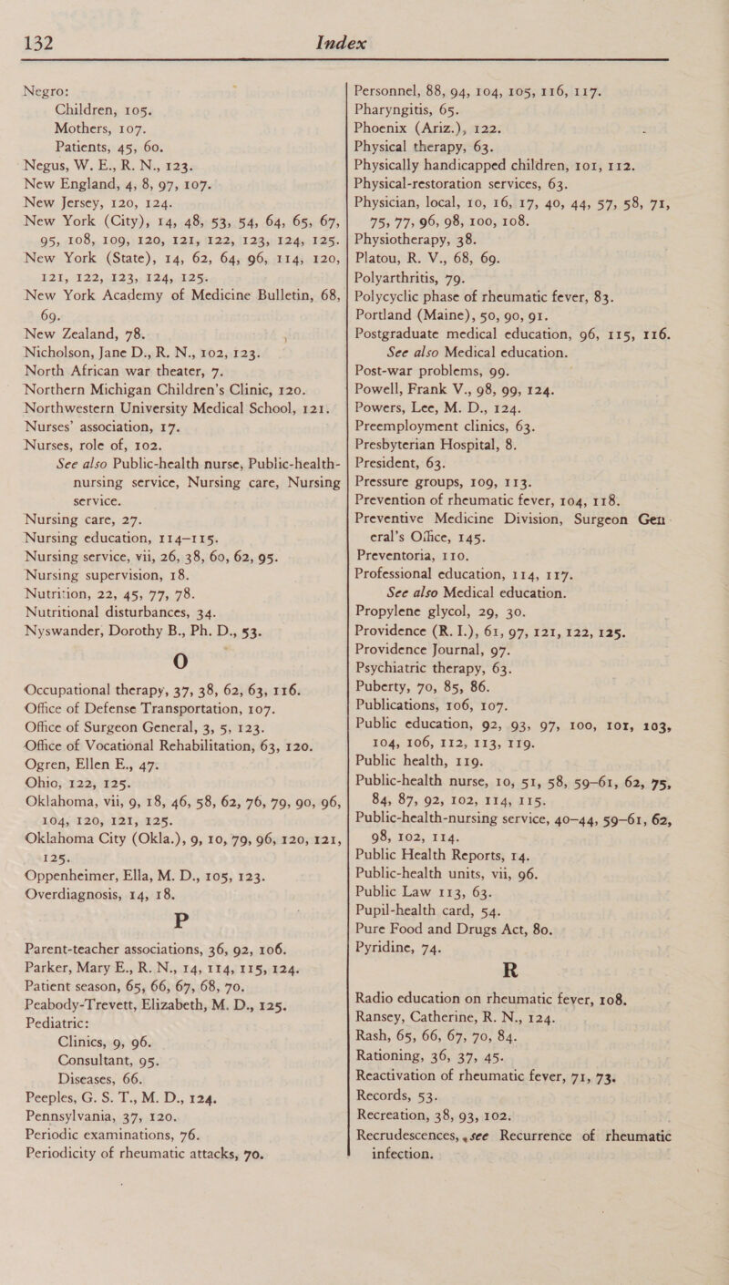  Negro: Children, 105. Mothers, 107. Patients, 45, 60. Negus, W, ER, N23. New England, 4, 8, 97, 107. New Jersey, 120, 124. New York (City), 14, 48, 53, 54, 64, 65, 67, 95, £08, 1093) 1205, E2ie 1225, 128s /1 249s TBS. New York (State), 14, 62, 64, 96, 114, 120, L2k, 122,.632,. 0245, 00S New York Academy of Medicine Bulletin, 68, 69. New Zealand, 78. Nicholson, Jane D., R. N., 102, 123. North African war theater, 7. Northern Michigan Children’s Clinic, 120. Northwestern University Medical School, 121. Nurses’ association, 17. Nurses, role of, 102. See also Public-health nurse, Public-health- nursing service, Nursing care, Nursing service. Nursing care, 27. Nursing education, 114-115. Nursing service, vii, 26, 38, 60, 62, 95. Nursing supervision, 18. Nutrition, 22, 45, 77, 78. Nutritional disturbances, 34. Nyswander, Dorothy B., Ph. D., 53. O Occupational therapy, 37, 38, 62, 63, 116. Office of Defense Transportation, 107. Office of Surgeon General, 3, 5, 123. Office of Vocational Rehabilitation, 63, 120. Ogren, Ellen E., 47. Ohio, 122, 125. Oklahoma, vii, 9, 18, 46, 58, 62, 76, 79, 90, 96, 104, 120, I21, 125. Oklahoma City (Okla.), 9, 10, 79, 96, 120, 121, 125. Oppenheimer, Ella, M. D., 105, 123. Overdiagnosis, 14, 18. Pp Parent-teacher associations, 36, 92, 106. Parker, Mary E., R.N., 14, 114, 115, 124. Patient season, 65, 66, 67, 68, 70. Peabody-Trevett, Elizabeth, M. D., 125. Pediatric: Clinics, 9, 96. Consultant, 95. Diseases, 66. Peeples, G. S. T., M. D., 124. Pennsylvania, 37, 120. Periodic examinations, 76. Periodicity of rheumatic attacks, 70. Personnel, 88, 94, 104, 105, 116, 117. Pharyngitis, 65. Phoenix (Ariz.), 122. Physical therapy, 63. Physically handicapped children, ro1, 112. Physical-restoration services, 63. Physician, local, 10, 16, 17, 40, 44, 57, 58, 71, 75,77, 96, 98, 100, 108. Physiotherapy, 38. Platou, R. V., 68, 69. Polyarthritis, 79. Polycyclic phase of rheumatic fever, 83. Portland (Maine), 50, 90, 91. Postgraduate medical education, 96, 115, 116. See also Medical education. Post-war problems, 99. Powell, Frank V., 98, 99, 124. Powers, Lee, M. D., 124. Preemployment clinics, 63. Presbyterian Hospital, 8. President, 63. Pressure groups, 109, 113. Prevention of rheumatic fever, 104, 118. Preventive Medicine Division, Surgeon Gen - eral’s Oilice, 145. Preventoria, I10. Professional education, 114, 117. See also Medical education. Propylene glycol, 29, 30. Providence (R.I.), 61, 97, 121, 122, 125. Providence Journal, 97. Psychiatric therapy, 63. Puberty, 70, 85, 86. Publications, 106, 107. Public education, 92, 93, 97, 100, 101, 103, 104, 106, 112, 113, 119. Public health, 119. Public-health nurse, 10, 51, 58, 59-61, 62, 75, 84,87, 02; 102, ide dis. Public-health-nursing service, 40-44, 59-61, 62, 98, 102, 114. Public Health Reports, 14. Public-health units, vii, 96. Public Law 113, 63. Pupil-health card, 54. Pure Food and Drugs Act, 80. Pyridine, 74. R Radio education on rheumatic fever, 108. Ransey, Catherine, R. N., 124. Rash, 65, 66, 67, 70, 84. Rationing, 36, 37, 45. Reactivation of rheumatic fever, 71, 73. Records, 53. Recreation, 38, 93, 102. Recrudescences, ,see Recurrence of rheumatic infection.