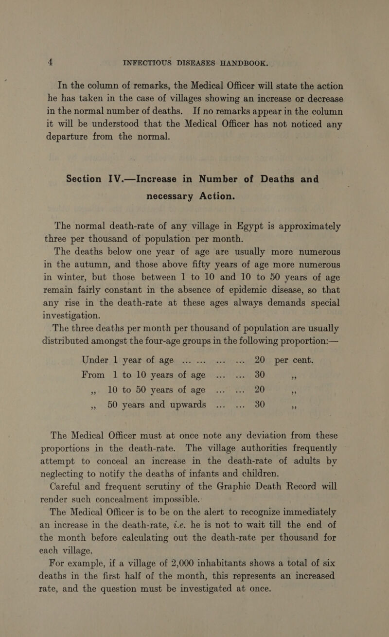 In the column of remarks, the Medical Officer will state the action he has taken in the case of villages showing an increase or decrease in the normal number of deaths. If no remarks appear in the column it will be understood that the Medical Officer has not noticed any departure from the normal. Section IV.—Increase in Number of Deaths and necessary Action. The normal death-rate of any village in Egypt is approximately three per thousand of population per month. The deaths below one year of age are usually more numerous in the autumn, and those above fifty years of age more numerous in winter, but those between 1 to 10 and 10 to 50 years of age remain fairly constant in the absence of epidemic disease, so that any rise in the death-rate at these ages always demands special investigation. The three deaths per month per thousand of population are usually distributed amongst the four-age groups in the following proportion:— Under 1 year of age ... ... … os 20 per cent. From 1 to 10 years of age ... ... 30 i 55» 10 to-50 years of age 2 7°20 Ÿ » 50 years and upwards ... ... 30 “i The Medical Officer must at once note any deviation from these proportions in the death-rate. The village authorities frequently attempt to conceal an increase in the death-rate of adults by neglecting to notify the deaths of infants and children. Careful and frequent scrutiny of the Graphic Death Record will render such concealment impossible. The Medical Officer is to be on the alert to recognize immediately an increase in the death-rate, 2.e. he is not to wait till the end of the month before calculating out the death-rate per thousand for each village. For example, if a village of 2,000 inhabitants shows a total of six deaths in the first half of the month, this represents an increased rate, and the question must be investigated at once.