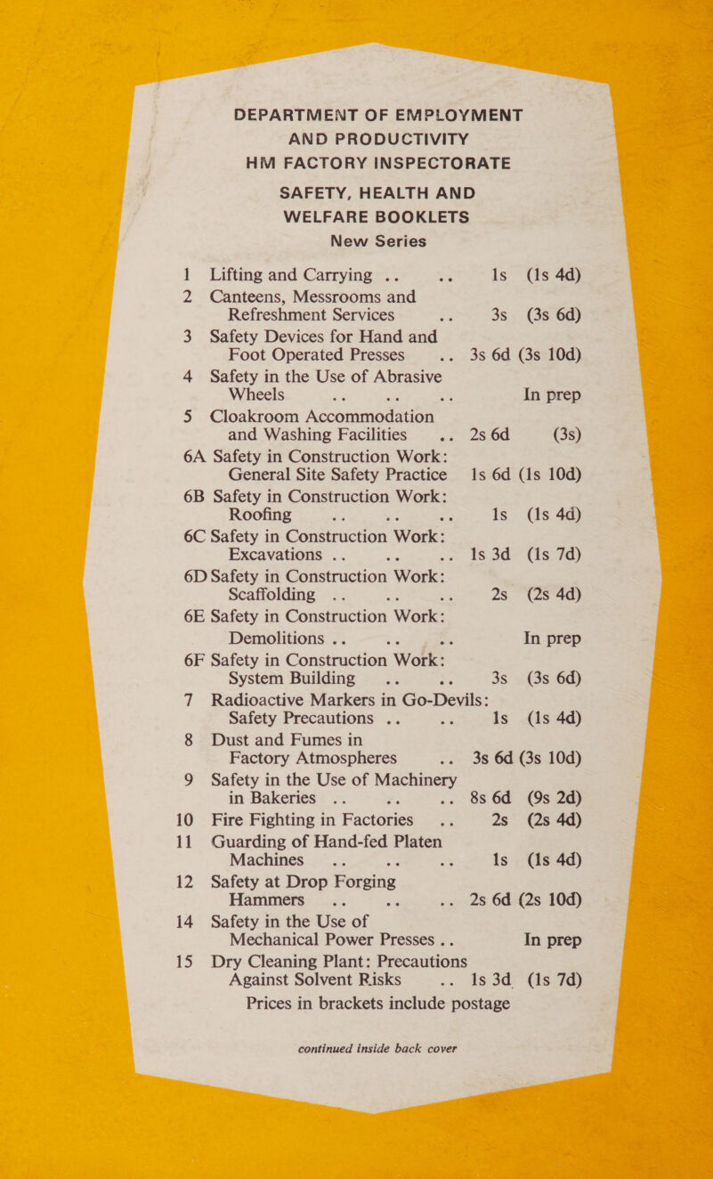 AND PRODUCTIVITY HM FACTORY INSPECTORATE SAFETY, HEALTH AND WELFARE BOOKLETS New Series 1 Lifting and Carrying .. - ils (1s 4d) 2 Canteens, Messrooms and Refreshment Services e 3s_ (3s 6d) 3 Safety Devices for Hand and Foot Operated Presses .. 3s 6d (3s 10d) 4 Safety in the Use of Abrasive Wheels 5S In prep 5 Cloakroom Asconimioaation and Washing Facilities ae 28:06 (3s) 6A Safety in Construction Work: 6B Safety in Construction Work: Roofing ip _ ; Is (1s 4d) 6C Safety in Construction Work: Excavations .. . Is 3d (is 7d) 6D Safety in Gafistruntion Work: Scaffolding .. ' 2s_ (2s 4d) 6E Safety in Snnsttneson Work: Demolitions . ; . In prep 6F Safety in Conseucton Wolk: System Building .. ve 3s (3s 6d) 7 Radioactive Markers in Go-Devils: Safety Precautions .. ts Is (1s 4d) 8 Dust and Fumes in Factory Atmospheres .. 3s 6d (3s 10d) 9 Safety i in the Use of Machinery in Bakeries .. .. 886d (9s 2d) 10 Fire Fighting in ractenss &lt; 2s (2s 4d) 11 Guarding of Hand-fed Platen Machines... ‘ Is (1s 4d) 12 Safety at Drop Forging Hammers... .. 2s 6d (2s 10d) 14 Safety in the Use of Mechanical Power Presses .. In prep 15 Dry Cleaning Plant: Precautions Against Solvent Risks .. Is 3d°Cis7@) Prices in brackets include postage continued inside back cover