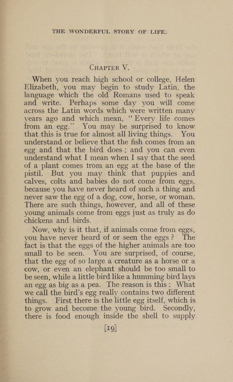 CHAPTER V. When you reach high school or college, Helen Elizabeth, you may begin to study Latin, the language which the old Romans used to speak and write. Perhaps some day you will come across the Latin words which were written many years ago and which mean, “Every life comes from an egg.’ You may be surprised to know that this is true for almost all living things. You understand or believe that the fish comes from an egg and that the bird does; and you can even understand what J mean when I say that the seed of a plant comes trom an egg at the base of the pistil. But you may think that puppies and calves, colts and babies do not come from eggs, because you have never heard of such a thing and never saw the egg of a dog, cow, horse, or woman. There are such things, however, and all of these young animals come from eggs just as truly as do chickens and birds. Now, why is it that, if animals come from eggs, you have never heard of or seen the eggs? The fact is that the eggs of the higher animals are too small to be seen. You are surprised, of course, that the egg of so large a creature as a horse or a cow, or even an elephant should be too small to be seen, while a little bird like a humming bird lays an egg as big as a pea. The reason is this: What we call the bird’s egg really contains two different things. First there is the little egg itself, which is to grow and become the young bird. Secondly, there is food enough inside the shell to supply [19]