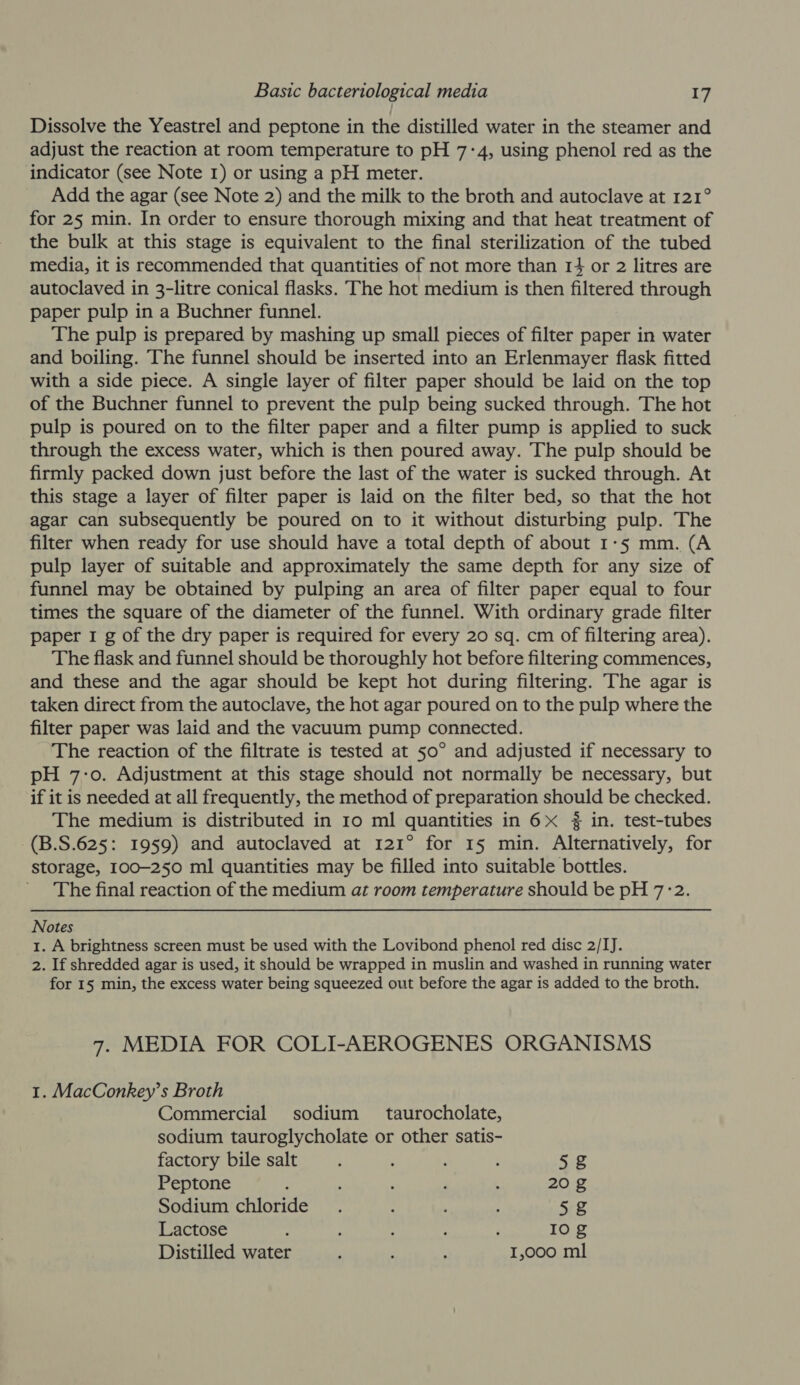 Dissolve the Yeastrel and peptone in the distilled water in the steamer and adjust the reaction at room temperature to pH 7:4, using phenol red as the indicator (see Note 1) or using a pH meter. Add the agar (see Note 2) and the milk to the broth and autoclave at 121° for 25 min. In order to ensure thorough mixing and that heat treatment of the bulk at this stage is equivalent to the final sterilization of the tubed media, it is recommended that quantities of not more than 14 or 2 litres are autoclaved in 3-litre conical flasks. The hot medium is then filtered through paper pulp in a Buchner funnel. The pulp is prepared by mashing up small pieces of filter paper in water and boiling. The funnel should be inserted into an Erlenmayer flask fitted with a side piece. A single layer of filter paper should be laid on the top of the Buchner funnel to prevent the pulp being sucked through. The hot pulp is poured on to the filter paper and a filter pump is applied to suck through the excess water, which is then poured away. The pulp should be firmly packed down just before the last of the water is sucked through. At this stage a layer of filter paper is laid on the filter bed, so that the hot agar can subsequently be poured on to it without disturbing pulp. The filter when ready for use should have a total depth of about 1-5 mm. (A pulp layer of suitable and approximately the same depth for any size of funnel may be obtained by pulping an area of filter paper equal to four times the square of the diameter of the funnel. With ordinary grade filter paper 1 g of the dry paper is required for every 20 sq. cm of filtering area). The flask and funnel should be thoroughly hot before filtering commences, and these and the agar should be kept hot during filtering. The agar is taken direct from the autoclave, the hot agar poured on to the pulp where the filter paper was laid and the vacuum pump connected. The reaction of the filtrate is tested at 50° and adjusted if necessary to pH 7:0. Adjustment at this stage should not normally be necessary, but if it is needed at all frequently, the method of preparation should be checked. The medium is distributed in 10 ml quantities in 6x 32 in. test-tubes (B.S.625: 1959) and autoclaved at 121° for 15 min. Alternatively, for storage, I00-250 ml quantities may be filled into suitable bottles. The final reaction of the medium at room temperature should be pH 7:2. Notes 1. A brightness screen must be used with the Lovibond phenol red disc 2/IJ. 2. If shredded agar is used, it should be wrapped in muslin and washed in running water for I5 min, the excess water being squeezed out before the agar is added to the broth. 7. MEDIA FOR COLI-AEROGENES ORGANISMS 1. MacConkey’s Broth Commercial sodium taurocholate, sodium tauroglycholate or other satis- factory bile salt : : : ; 5g Peptone : : ' ; : 20g Sodium chloride. 52g Lactose ; 5 : ; 10g Distilled water , ‘ ; 1,000 ml