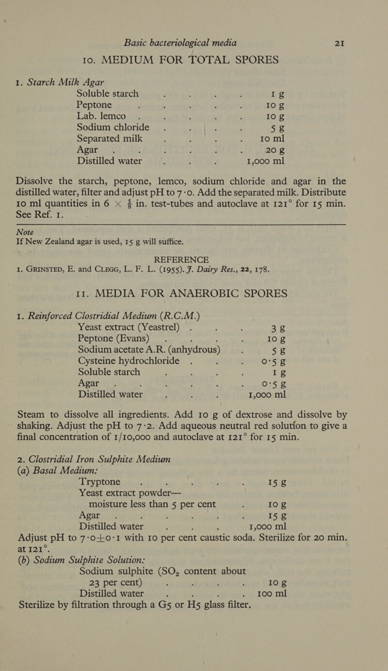 10. MEDIUM FOR TOTAL SPORES 1. Starch Milk Agar Soluble starch : : é Ig Peptone , : , I0og Lab. lemco . : Iog Sodium chloride. ae | See , 5g Separated milk Ash Bite ek OTL ASars sy : ; ; 20 g Distilled “ay : ’ q 1,000 ml Dissolve the starch, peptone, lemco, sodium chloride and agar in the distilled water, filter and adjust pH to 7-0. Add the separated milk. Distribute 10 ml quantities in 6 &lt; 3? in. test-tubes and autoclave at 121° for 15 min. See Ref. 1. Note If New Zealand agar is used, 15 g will suffice. REFERENCE 1. GRINSTED, E. and CieGG, L. F. L. (1955). #. Dairy Res., 22, 178. 11. MEDIA FOR ANAEROBIC SPORES 1. Reinforced Clostridial Medium (R.C.M.) Yeast extract (Yeastrel) . : 3g Peptone (Evans) . 10g Sodium acetate A.R. (anhydrous) 5g Cysteine hydrochloride . ; wRUno Ws tg Soluble starch : ‘ j Ig Agari : f : O-5g Distilled Sie ‘ : ; 1,000 ml Steam to dissolve all ingredients. Add 10 g of dextrose and dissolve by - shaking. Adjust the pH to 7:2. Add aqueous neutral red solution to give a final concentration of 1/10,000 and autoclave at 121° for 15 min. 2. Clostridial Iron Sulphite Medium (a) Basal Medium: Tryptone ; ' ; : Is g Yeast extract powder— moisture less than § per cent 10g Agar. : j ; Is g Distilled lee ; f 1,000 ml Adjust pH to 7:0--0-1 with 10 per cent caustic soda. Sterilize for 20 min. at I21° (b) Sodiven Sulphite Solution: Sodium sulphite (SO, content about 23 per cent) : Iog Distilled water . . roo ml Sterilize by filtration through a G§5 or Hs glass filter,