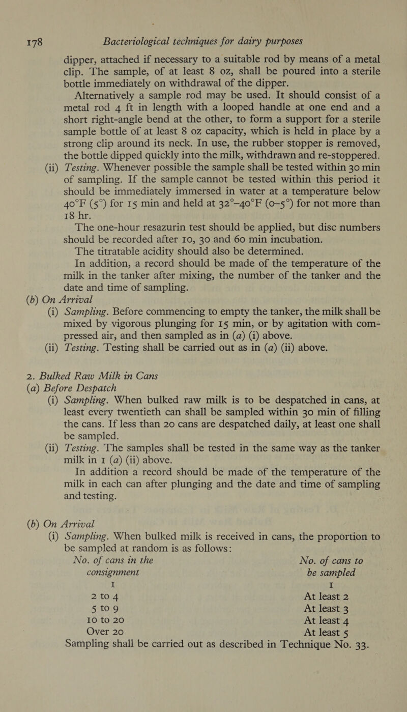 dipper, attached if necessary to a suitable rod by means of a metal clip. The sample, of at least 8 oz, shall be poured into a sterile bottle immediately on withdrawal of the dipper. Alternatively a sample rod may be used. It should consist of a metal rod 4 ft in length with a looped handle at one end and a short right-angle bend at the other, to form a support for a sterile sample bottle of at least 8 oz capacity, which is held in place by a strong clip around its neck. In use, the rubber stopper is removed, the bottle dipped quickly into the milk, withdrawn and re-stoppered. (ii) Testing. Whenever possible the sample shall be tested within 30 min of sampling. If the sample cannot be tested within this period it should be immediately immersed in water at a temperature below 40°F (5°) for 15 min and held at 32°—40°F (o-5°) for not more than 18 hr. The one-hour resazurin test should be applied, but disc numbers should be recorded after 10, 30 and 60 min incubation. The titratable acidity should also be determined. In addition, a record should be made of the temperature of the milk in the tanker after mixing, the number of the tanker and the date and time of sampling. (b) On Arrival (i) Sampling. Before commencing to empty the tanker, the milk shall be mixed by vigorous plunging for 15 min, or by agitation with com- pressed air, and then sampled as in (a) (i) above. (ii) Testing. Testing shall be carried out as in (a) (ii) above. 2. Bulked Raw Milk in Cans (a) Before Despatch (i) Sampling. When bulked raw milk is to be despatched in cans, at least every twentieth can shall be sampled within 30 min of filling the cans. If less than 20 cans are despatched daily, at least one shall be sampled. (ii) Testing. The samples shall be tested in the same way as the tanker milk in 1 (a) (ii) above. | In addition a record should be made of the temperature of the milk in each can after plunging and the date and time of sampling and testing. (b) On Arrival (i) Sampling. When bulked milk is received in cans, the proportion to be sampled at random is as follows: No. of cans in the No. of cans to consignment be sampled I I 2 to 4 At least 2 5 to9 At least 3 10 to 20 At least 4 Over 20 At least 5 Sampling shall be carried out as described in Technique No. 33.
