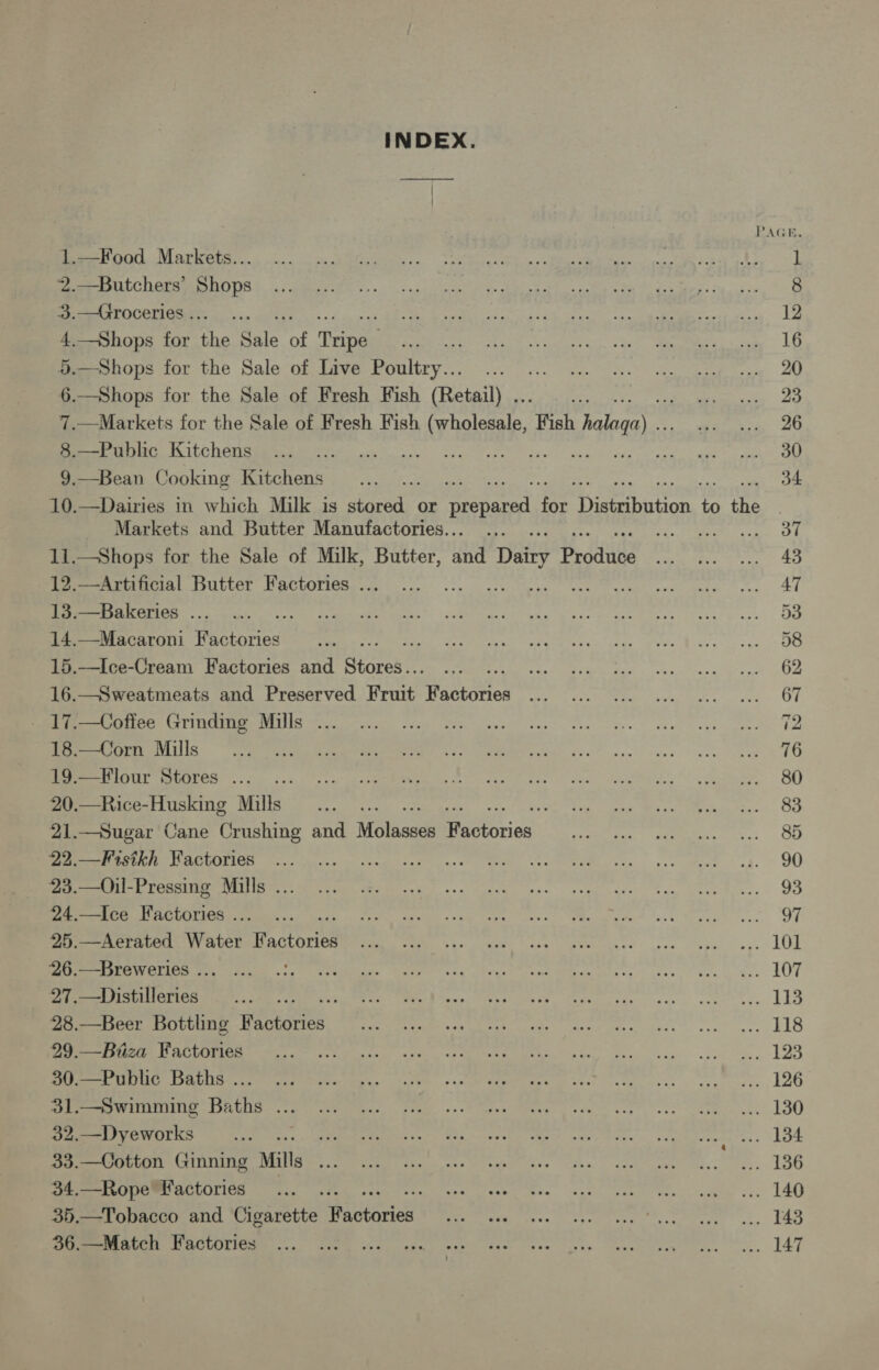 INDEX. 1.—Food Markets... 2.—Butchers’ Shops 3.—Groceries .. 4. cops tor the Sele of fies: 5. s for the Sale of Live Poultry Fe shops for the Sale of Fresh Fish (Retail) ..  8.—Public Kitchens ~ 9.—Bean Cooking Kitchens Markets and Butter Manufactories... 11.—Shops for the Sale of Milk, Butter, and Dai Brodie 12.—Artificial Butter Factories .. 13.—Bakeries ... i 14.—Macaroni Factories 15.—Ice-Cream Factories and Siares 16.—Sweatmeats and Preserved Fruit raccoon _ 17.—Coffee Grinding Mills ... 18.—Corn Mills 19.—Flour Stores .. 20.—Rice-Husking Mills 21.—Sugar Cane Crushing and Molicas Pactories! 22.—Fistkh Factories es 23.—Oil-Pressing Mills ... 24.—Ice Factories .. 25.—Aerated Water F Phe 26.—Breweries ... 27.—Distilleries 28.—Beer Bottling cee. 29.—Biiza Factories 30.—Public Baths .. 31.—Swimming Baths ... 32.—Dyeworks ee 33.—Cotton Ginning Mills ee 34.—Rope Factories 35.—Tobacco and Cigarette Pactoried 36.—Match Factories PAGE. 12 16 20 23 26 30 34 37 43 47 D3 58 62 67 72 76 80 83 85 90 93 oF